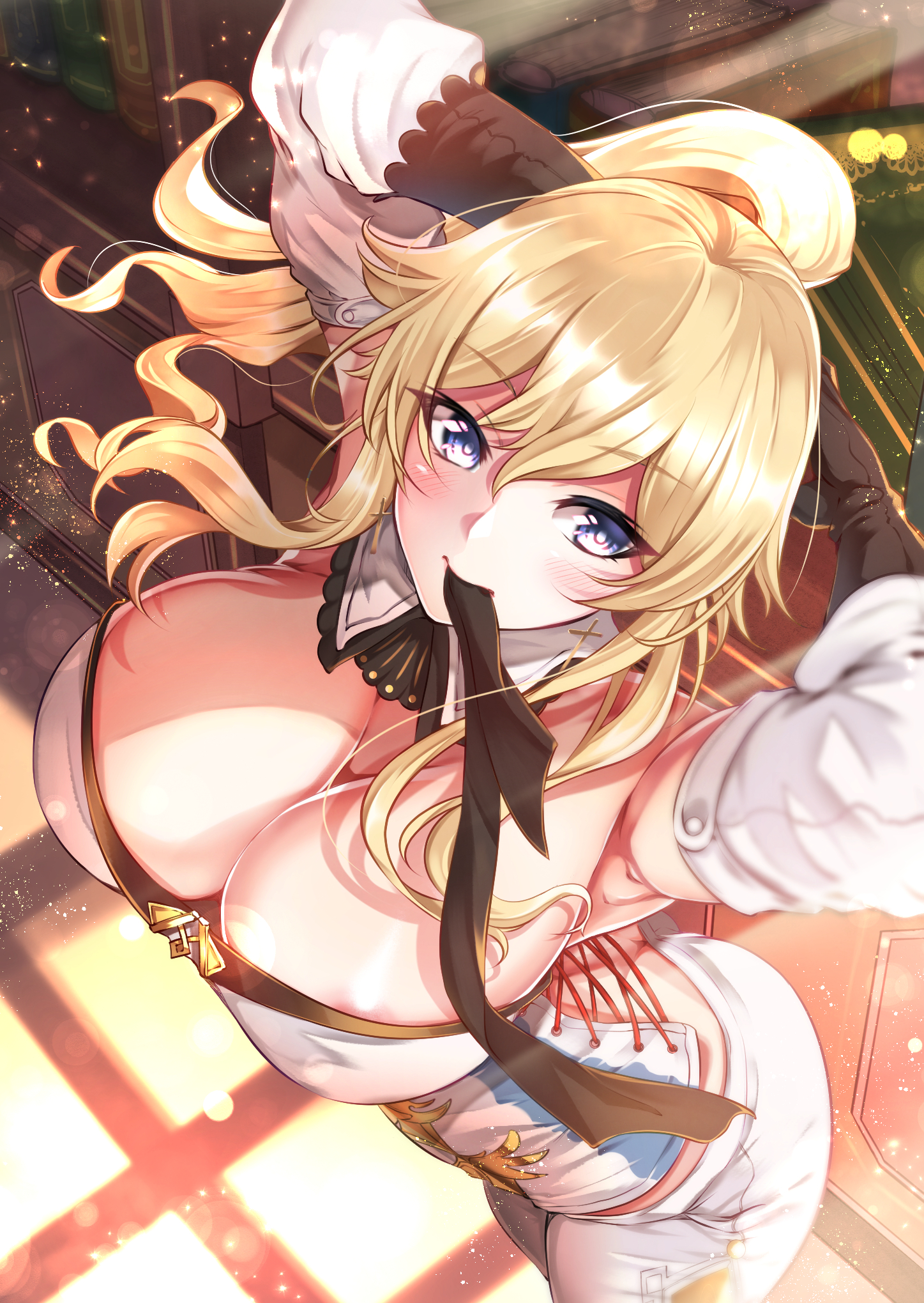 1girls, areolae, ass, ass cleavage, ass crack, big breasts, blonde, blonde hair, blue eyes, blush, breasts, butt crack, cleavage, clothed, clothed female, dress, female, female focus, female knight, female only, fully clothed, genshin impact, indoor, jean gunnhildr, large breasts, medium hair, ponytail, smiling, solo, solo female, young