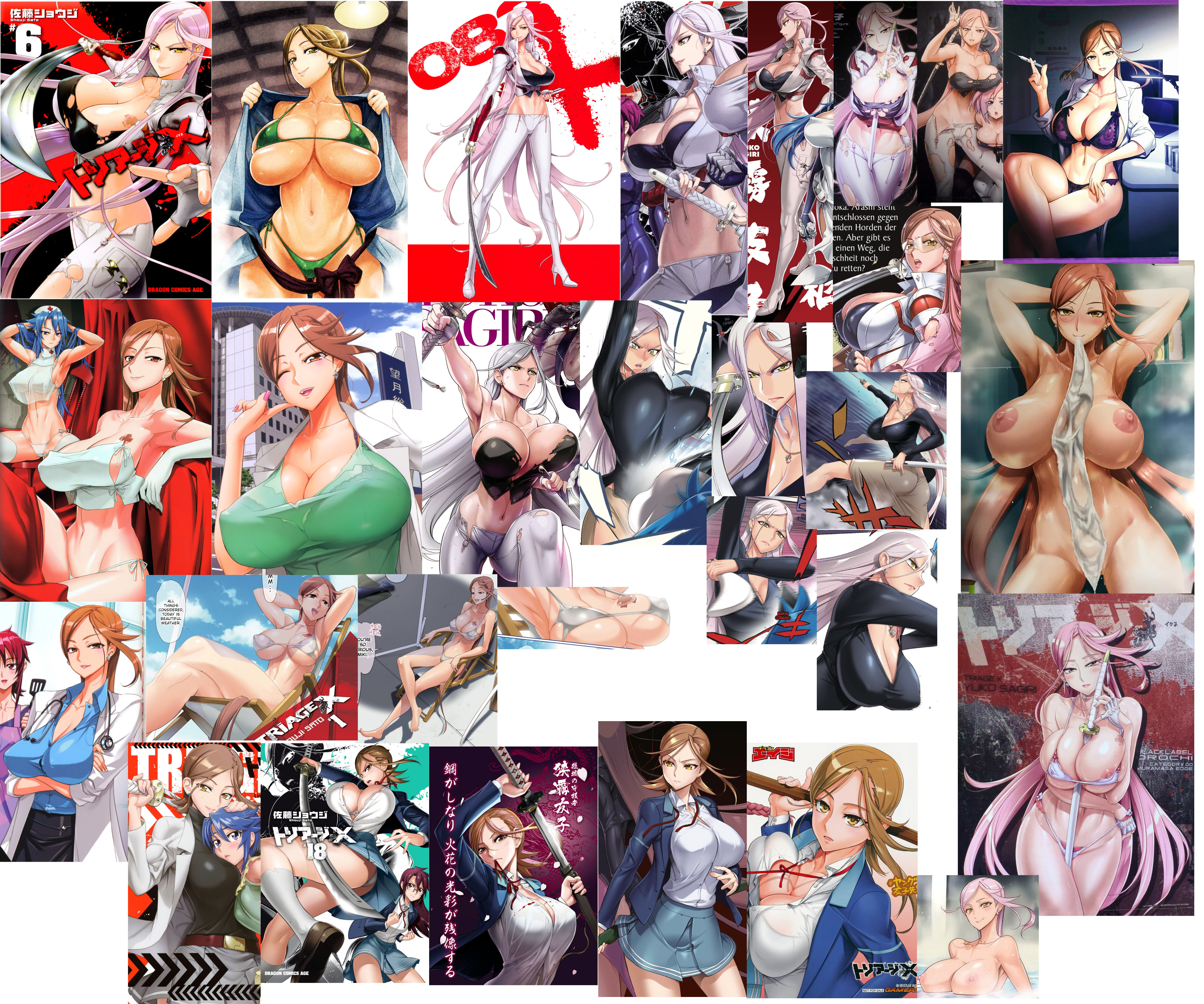 bikini, breasts, brown eyes, brown hair, cleavage, clothing, collage, female, golden eyes, huge breasts, inazuma, katana, mature female, midriff, nipples, pink hair, sagiri yuuko, satou shouji, silver hair, skirt, triage x