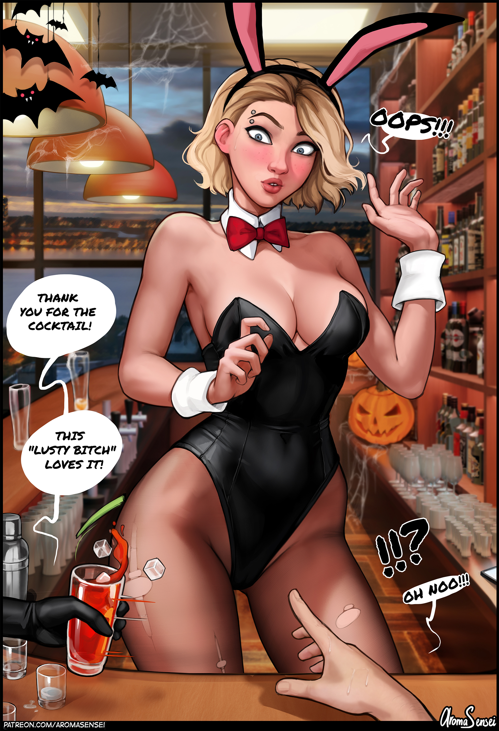 1boy, 1girls, aroma sensei, breasts, bunny ears, bunny girl, bunnysuit, cleavage, eyebrow piercing, faceless male, female, gwen stacy, gwen stacy (spider-verse), male, marvel, marvel comics, pantyhose, speech bubble, spider-gwen, spider-man (series), spider-man: into the spider-verse, text