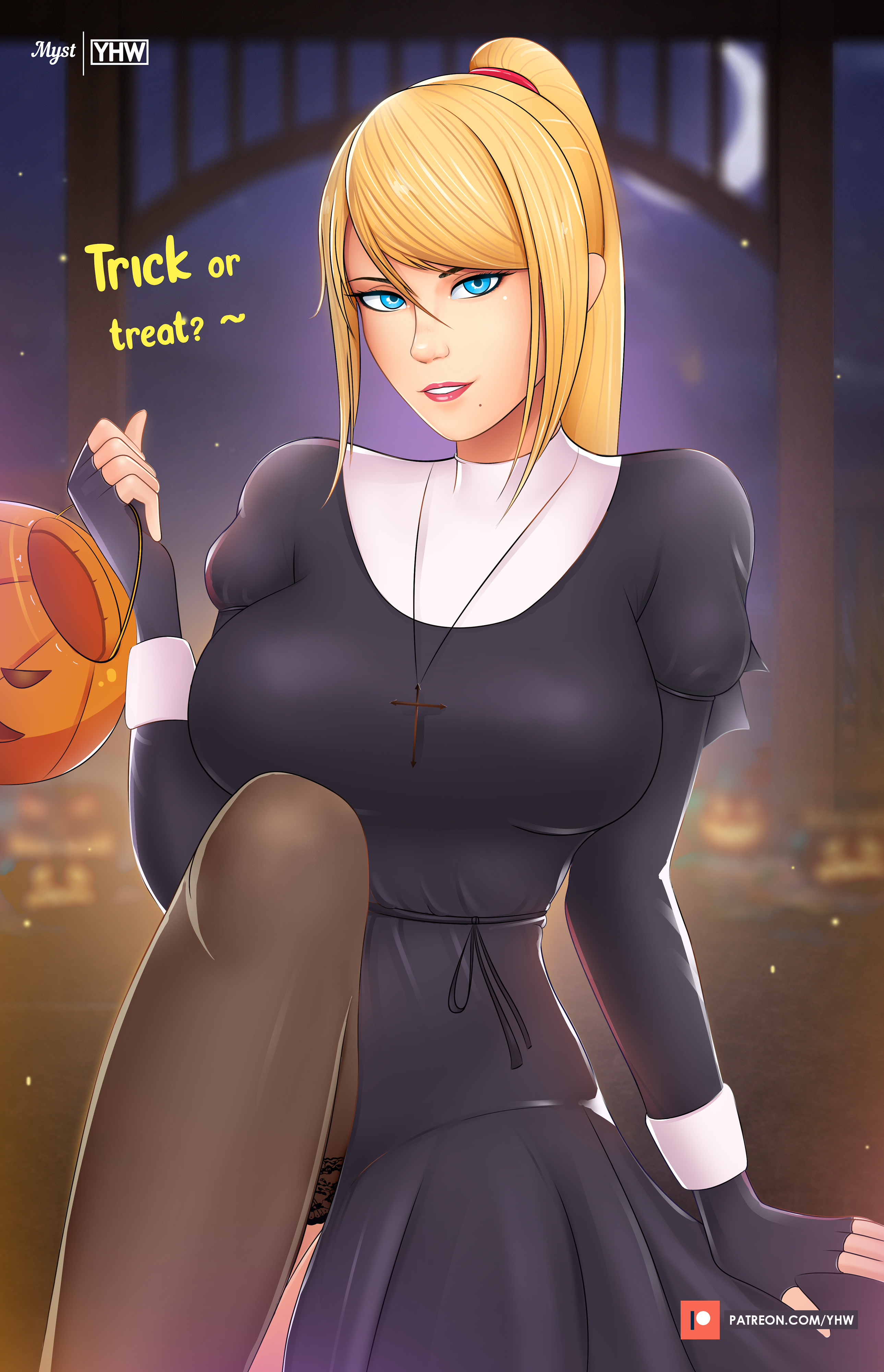 1girls, blonde hair, blue eyes, breasts, female, fully clothed, halloween, halloween costume, large breasts, metroid, mole, necklace, nintendo, nun, ponytail, samus aran, tagme, yhw
