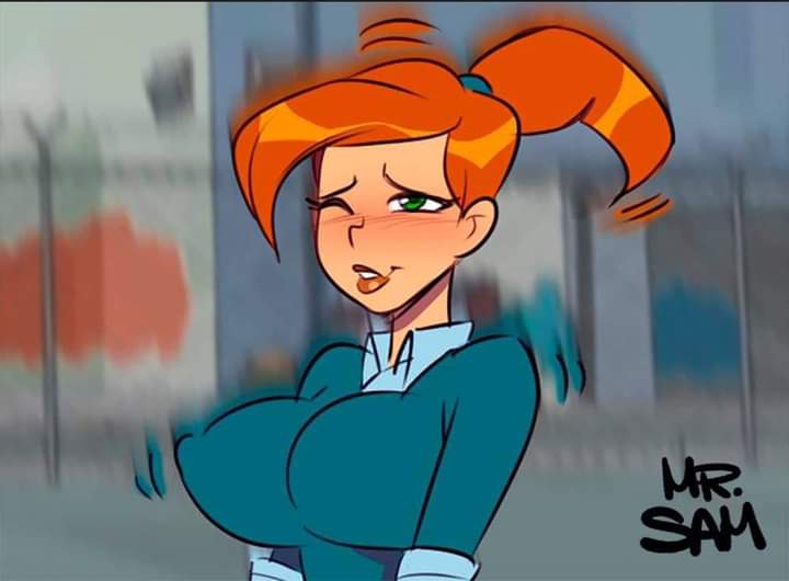 1girls, ben 10, ben 10 omniverse, blurry background, bouncing breasts, breasts, clothed, female, female only, gwen tennyson, gwen tennyson (omniverse), gwen tennyson (the more things change), implied sex, large breasts, mr sam, ponytail, red hair, solo, solo focus, wink