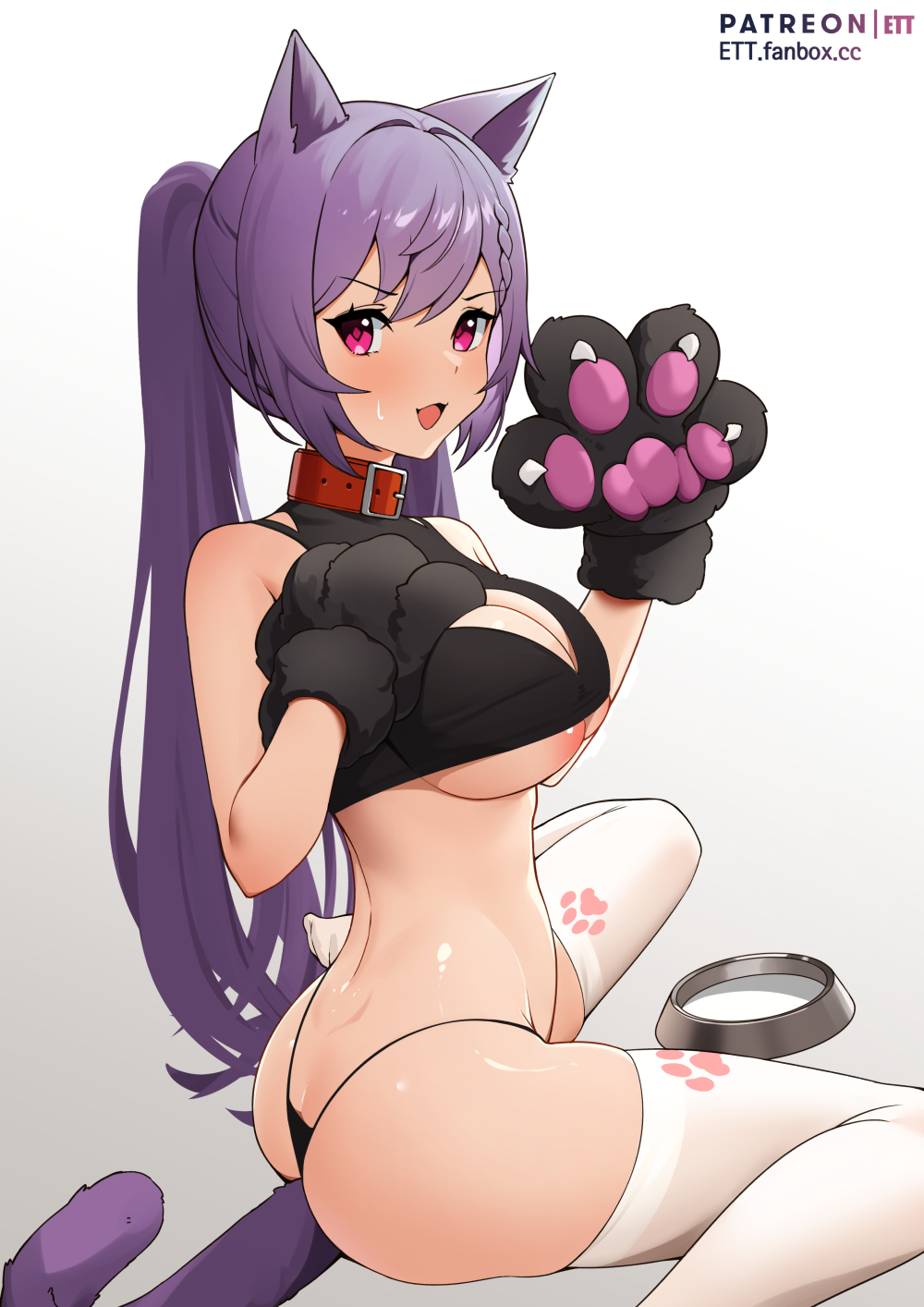 :d, 1girls, animal ears, animal hands, artist name, ass, back, bare shoulders, black panties, blush, bowl, braid, breasts, buckle, cat ears, cat tail, claws, cleavage, cleavage cutout, clothing cutout, collar, crop top, ett, female, genshin impact, gloves, hand on own chest, highres, kemonomimi mode, keqing (genshin impact), large breasts, long hair, looking at viewer, no shoes, open mouth, panties, paw gloves, paw print, paws, pet bowl, pink eyes, print legwear, purple hair, simple background, sitting, smile, solo, sweatdrop, tail, thighhighs, twintails, underboob, underwear, very long hair, wariza, white background, white legwear