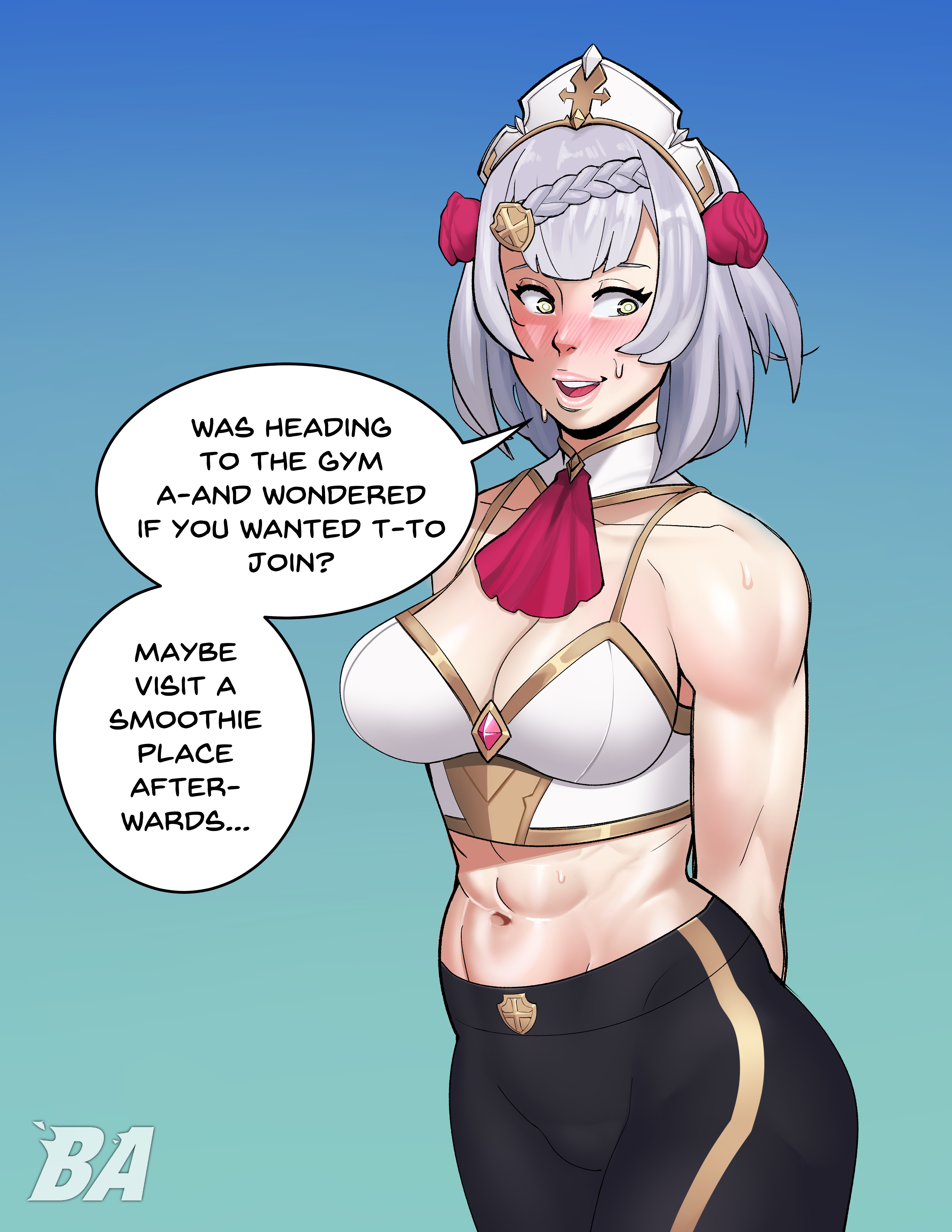 1girls, abs, blazinahegao, blush, breastplate, breasts, cleavage, english text, female, genshin impact, invitation, leggings, midriff, muscles, muscular, muscular female, nervous, noelle (genshin impact), short hair, solo, sweatdrop, toned, toned female, yoga pants