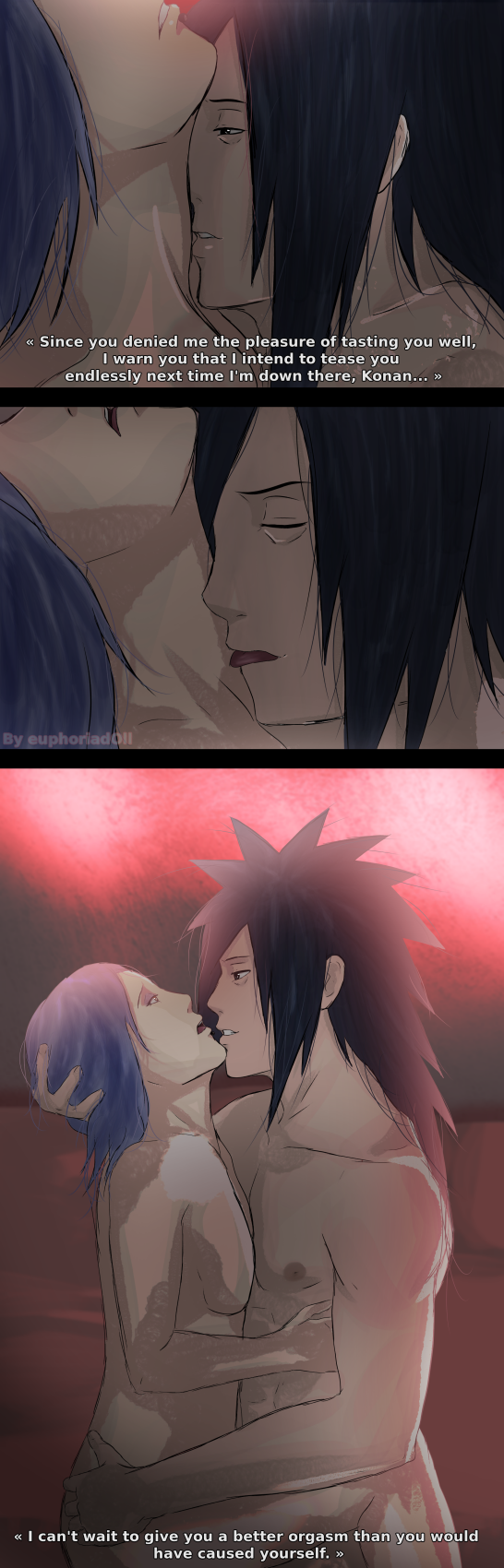 1boy 1girls black_eyes black_hair blue_hair breasts commentary dialogue euphoriadoll face_to_face female hair_over_one_eye hand_on_head konan licking licking_neck long_hair lotus_position male moaning naked naruto naruto_(series) naruto_shippuden nipples nude orange_eyes passionate romantic sex sitting sitting_on_person talking text thinking uchiha_madara