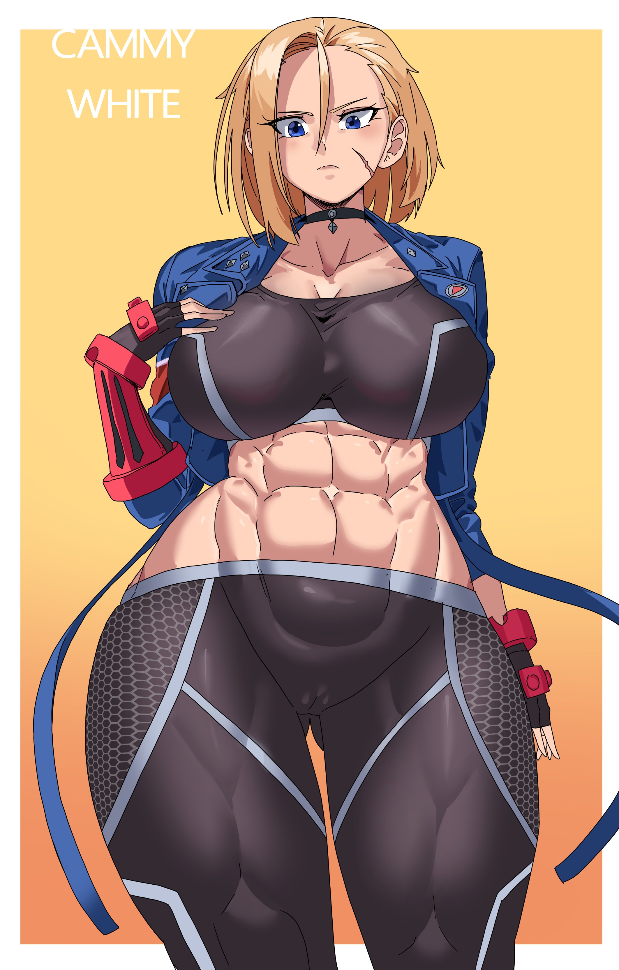1girls, abs, big breasts, black pants, blonde hair, blue eyes, blue jacket, breasts, cameltoe, cammy white, choker, clothed, collarbone, female, female only, fingerless gloves, gamjasssak, gluteal fold, jacket, large breasts, looking at viewer, midriff, muscular, muscular female, navel, pussy, scar, scar on face, short hair, sports bra, stomach, street fighter, street fighter 6, thick thighs, tight clothing, tight pants, wide hips, yoga pants