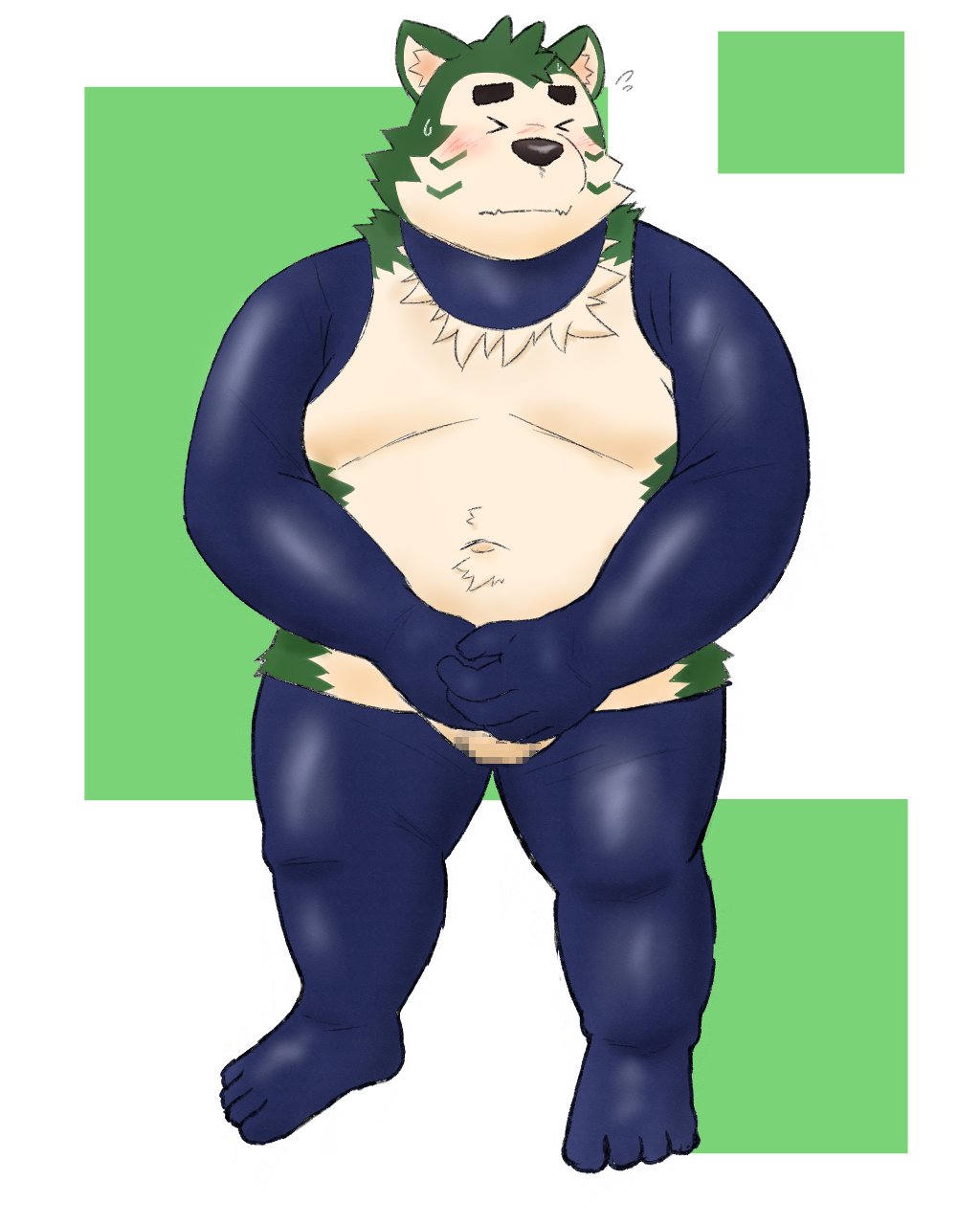 2020 4:5 anthro balls belly blush canid canine canis censored closed_eyes domestic_dog fur genitals green_body green_fur hi_res kemono live-a-hero male male_only mammal mokdai_(live_a_hero) navel overweight overweight_anthro overweight_male solo video_games yaki_atsuage