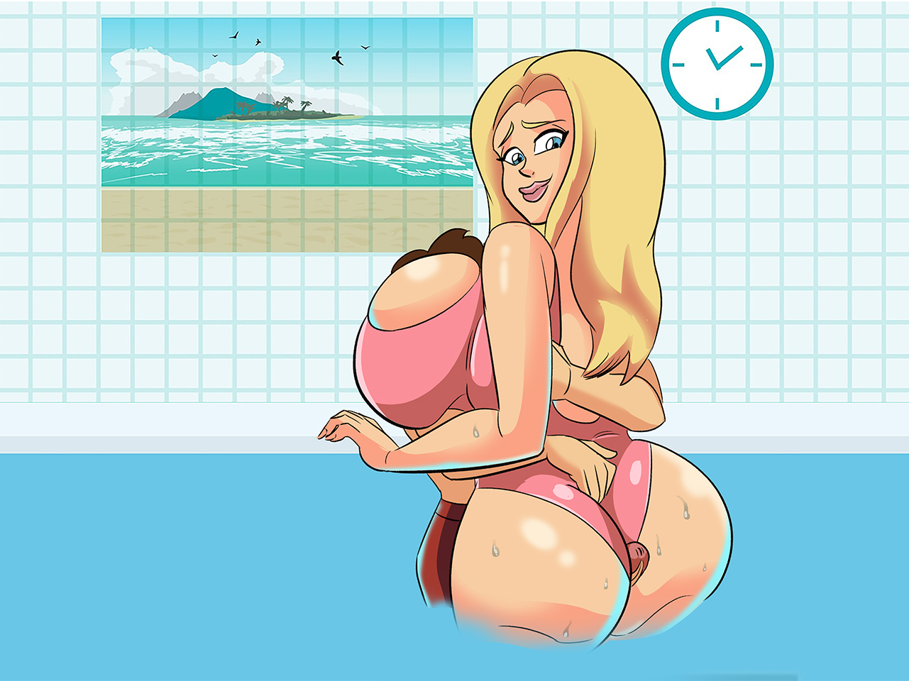 1boy, 1girls, apple butt, ass, assjob, between ass, between breasts, between legs, between thighs, big ass, big butt, blonde hair, breasts, bubble ass, bubble butt, buttjob, clothed, clothed female, clothed sex, clothes, clothing, covered assjob, covered buttjob, curvaceous, curvy, curvy body, curvy female, curvy figure, different ass sizes, face between breasts, fat ass, female, fully clothed, glassfish, head between breasts, hips, hourglass figure, huge ass, huge breasts, large ass, larger female, legs, light skin, light-skinned female, lips, lipstick, looking back, lower body, male, nergal (artist), original, original character, original characters, outercourse, outfit, penis, red lips, red lipstick, round ass, sexually dimorphic butts, shorter male, size difference, smaller male, straight, swimsuit, swimwear, taller female, thick legs, thick thighs, thigh sex, thighs, upper body, urban demons, voluptuous, watermark, wide hips