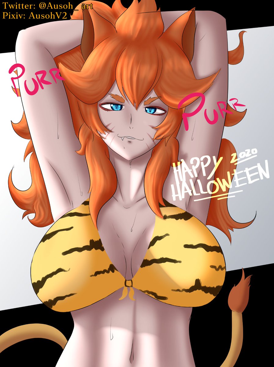 abs, armpits, arms behind head, ausoh, bikini top, black clover, blue eyes, breasts, fang, female, halloween, large breasts, lion tail, lioness, long hair, looking at viewer, mereoleona vermillion, orange hair, presenting, presenting breasts, smirk, sweat, text, watermark, whiskers