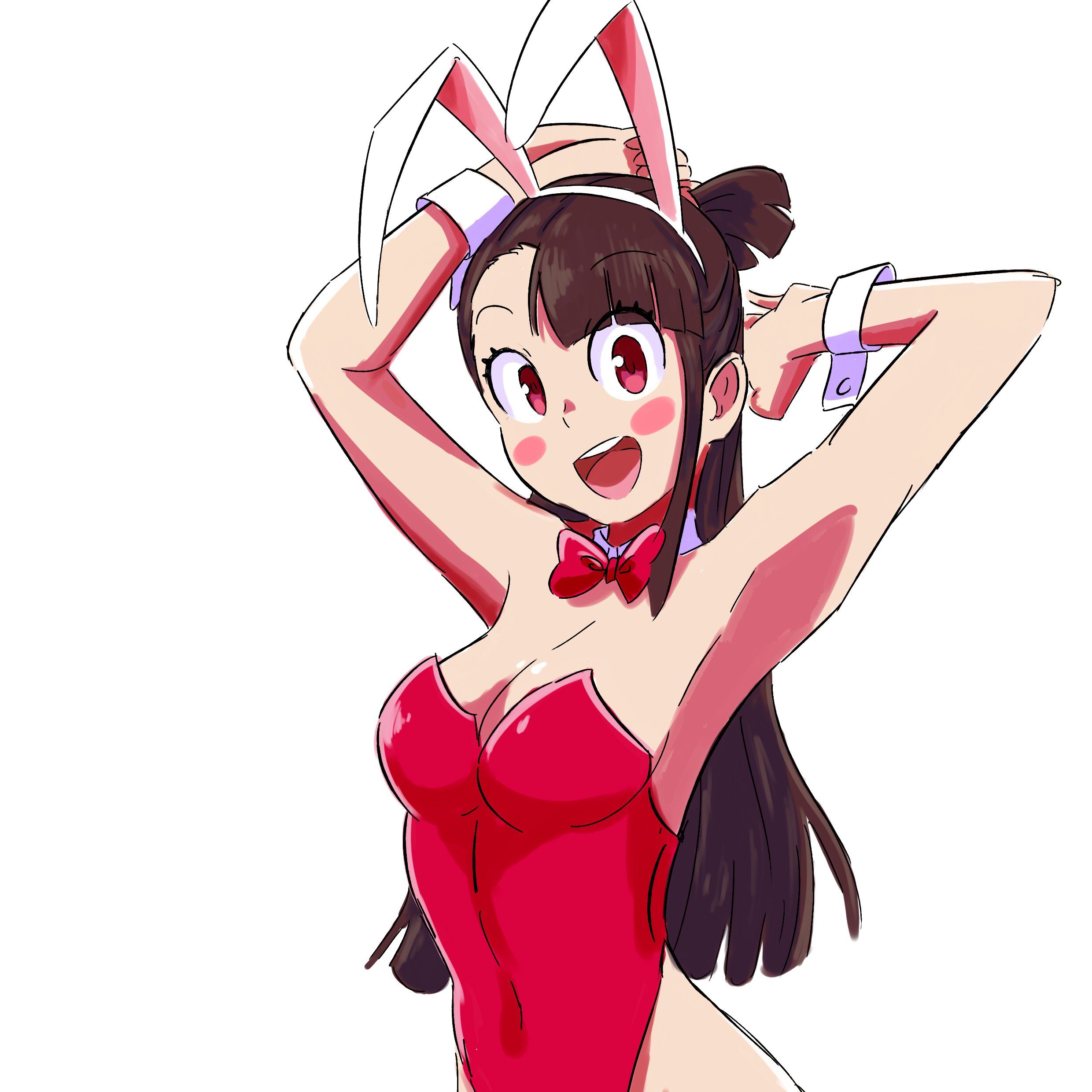 1girls, 2019, atsuko kagari, bare shoulders, blush, bow tie, bowtie, brown hair, bunny ears, bunnysuit, deanialsart, eyebrows visible through hair, eyes, fanart, female, female focus, female only, light skin, light-skinned female, little witch academia, long hair, open eyes, open mouth, pale skin, pale-skinned female, ponytail, red eyes, shiny skin, studio trigger, twitter, white background