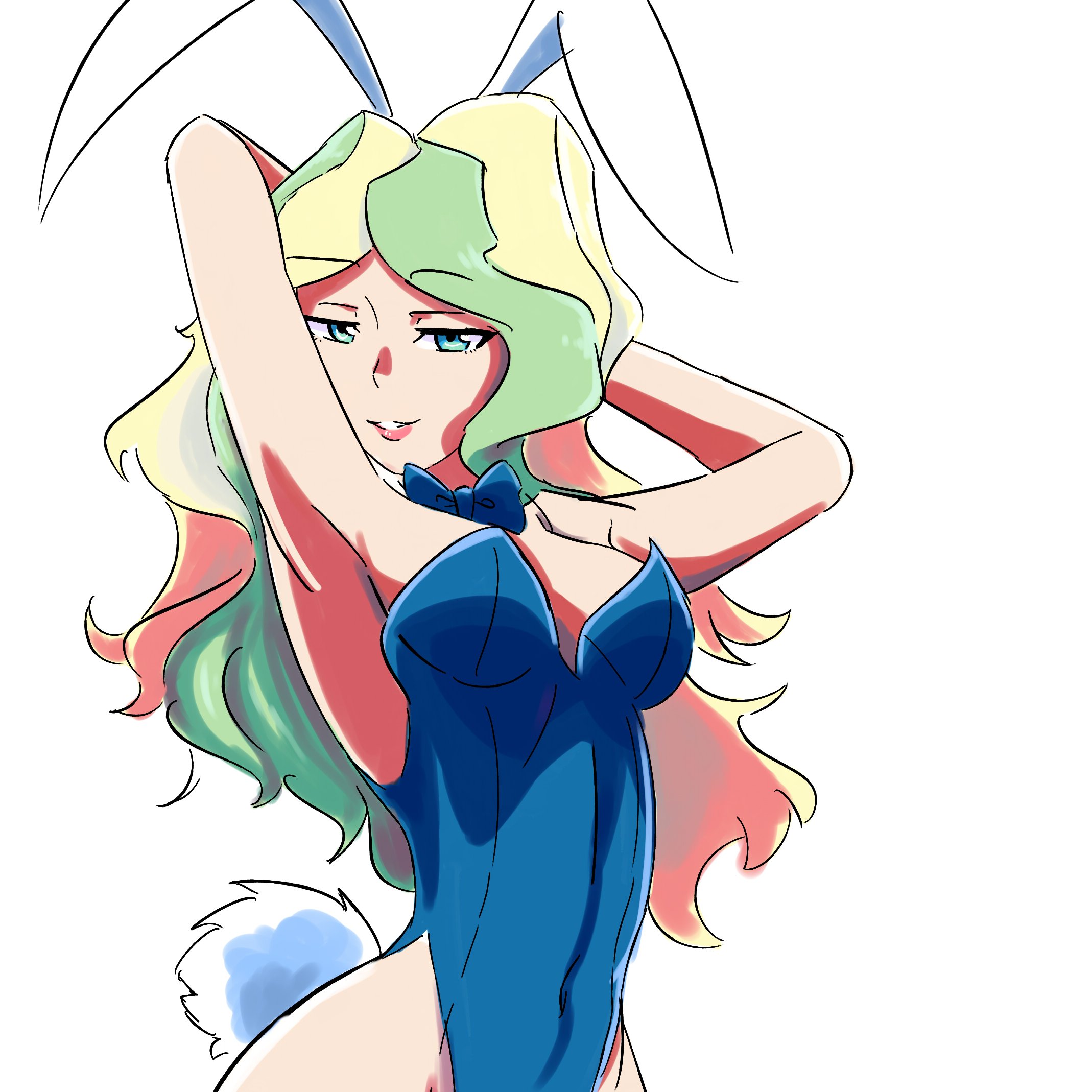 1girls, 2019, arms behind back, bow tie, bowtie, bunny ears, bunny tail, bunnysuit, deanialsart, diana cavendish, eyebrows visible through hair, fanart, female, female focus, female only, light skin, light-skinned female, little witch academia, long hair, multicolored hair, open eyes, pale skin, pale-skinned female, smile, studio trigger, twitter, white background