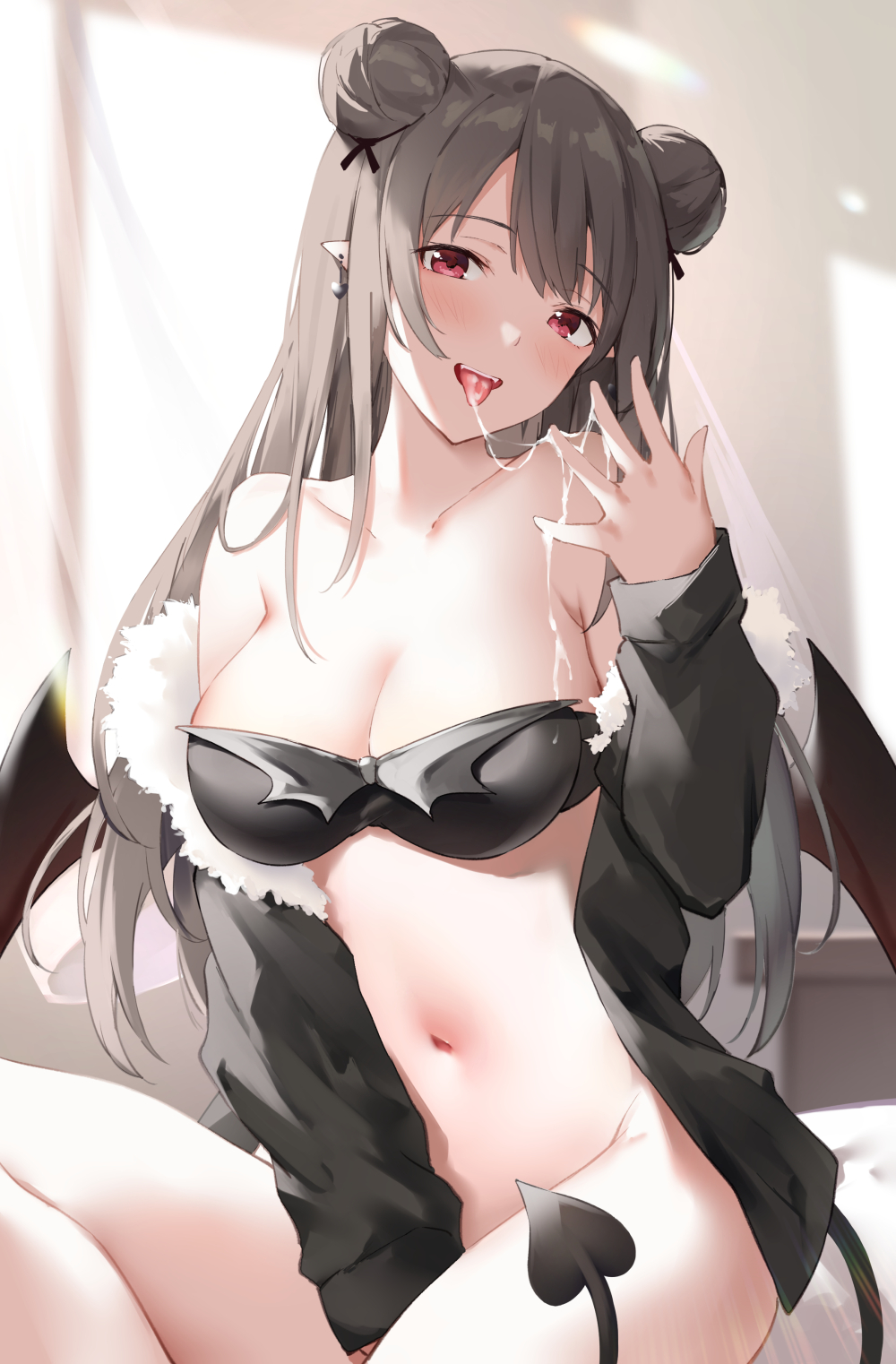 bare_shoulders blush bottomless breasts cleavage cum cum_on_body cum_on_breasts cum_on_upper_body cum_string demon_girl demon_tail demon_wings double_bun earrings female fur-trimmed_jacket fur_trim grey_hair highres horns jacket jewelry large_breasts long_hair looking_at_viewer original pointy_ears red_eyes sitting smile solo succubus suzuame_yatsumi tail tongue tongue_out wings