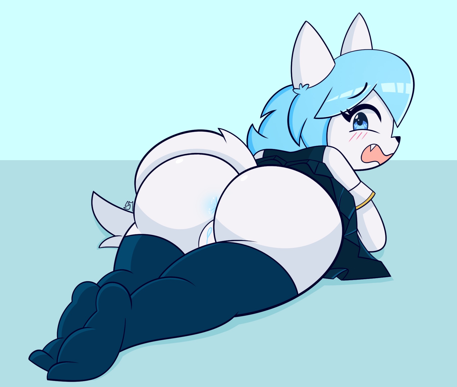 animal ears, animation meme community, ass, blue hair, blush, fallen down, female, lying down, lying on stomach, no shoes, pussy, semidraws, tagme, thick thighs, thighhighs, virtual youtuber, white fur, wolfychu, youtube, youtuber