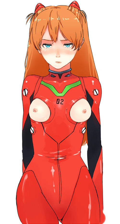 1girls, asuka langley sohryu, bigoru, blue eyes, blush, breasts, clothing, exposed breasts, female, female only, neon genesis evangelion, nipples, orange hair, plugsuit, small breasts, solo