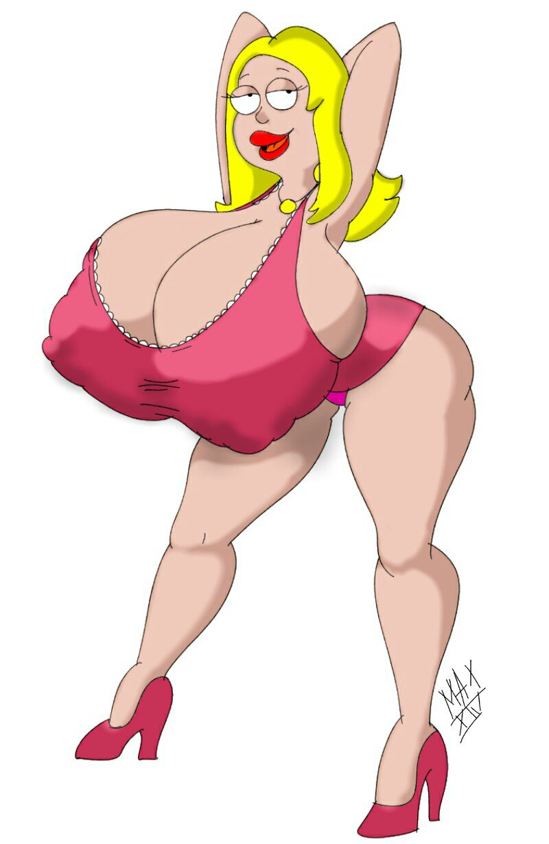 alternate_breast_size american_dad bending_over big_breasts breasts_bigger_than_head cleavage francine_smith hands_behind_head hyper_breasts maxtlat nipple_bulge no_bra pink_clothing pink_dress posing seductive_eyes seductive_look simple_background sitcom smiling thick_thighs white_background