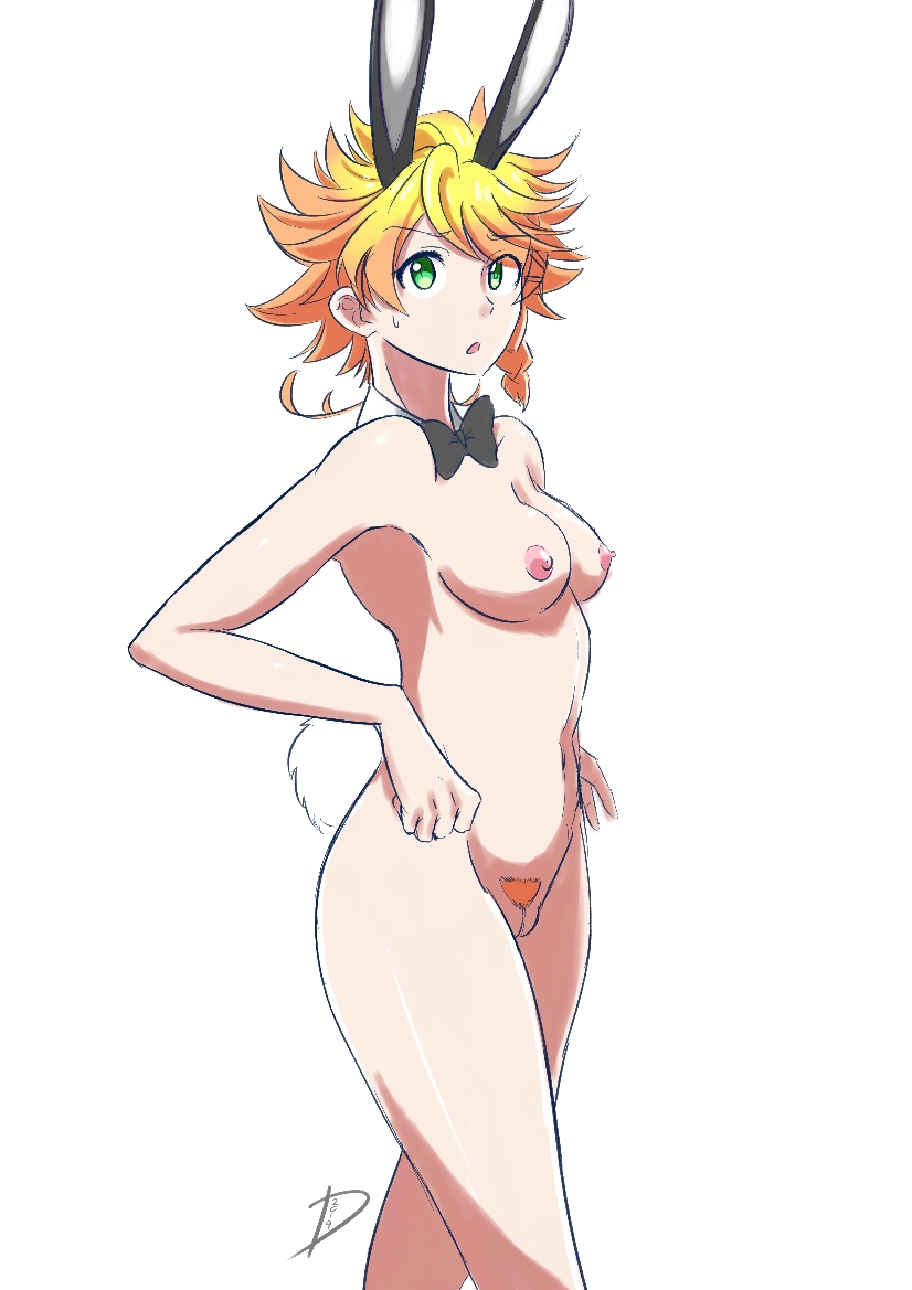 1girls, 2019, aged up, bare arms, bare breasts, bare legs, bare shoulders, belly button, bow tie, breasts, bunny ears, bunny tail, deanialsart, emma (the promised neverland), fanart, female, female only, green eyes, light skin, light-skinned female, navel, nude, orange hair, orange-haired female, pale skin, pale-skinned female, pixiv, pubic hair, short hair, textless, the promised neverland, watermark, white background
