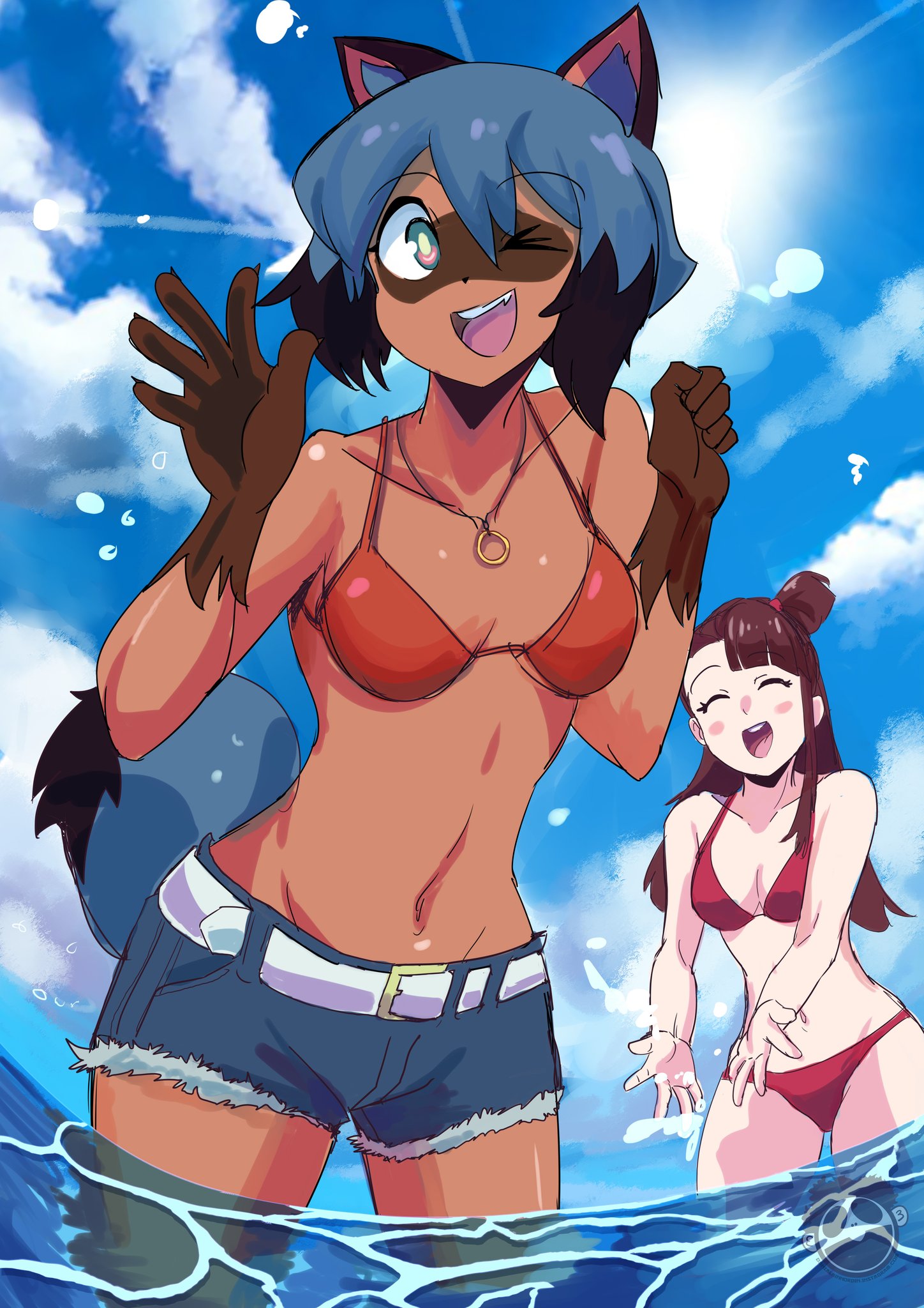 2girls, animal ears, atsuko kagari, bare midriff, bare shoulders, belly button, bikini, bra, brand new animal, cleavage, clouds, colored background, cutoffs, deanialsart, fanart, female, female only, light skin, light-skinned female, little witch academia, long hair, michiru kagemori, navel, necklace, open mouth, open smile, pale skin, pale-skinned female, ponytail, short hair, shorts, sky, studio trigger, tail, water, watermark, wink, winking