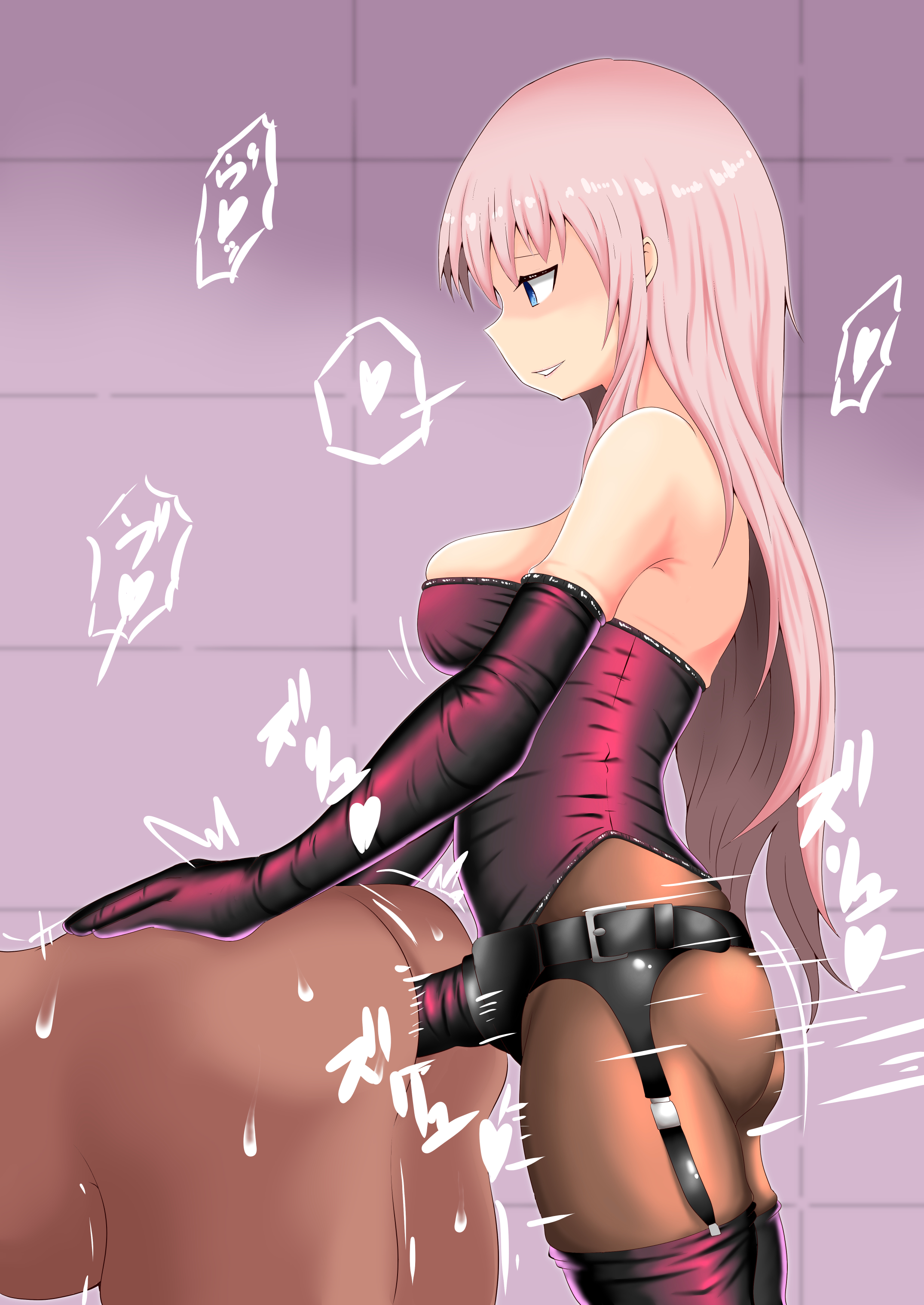 1boy, 1girls, anal, anal sex, bending over, blue eyes, clothed, clothed female, clothed female nude male, corset, domination, dominatrix, female, femdom, gloves, heart, leggings, long gloves, long hair, male, male penetrated, megurine luka, nude, nude male, pegging, pink hair, purple background, sex toy, shoulders, strap-on, strapon, vocaloid