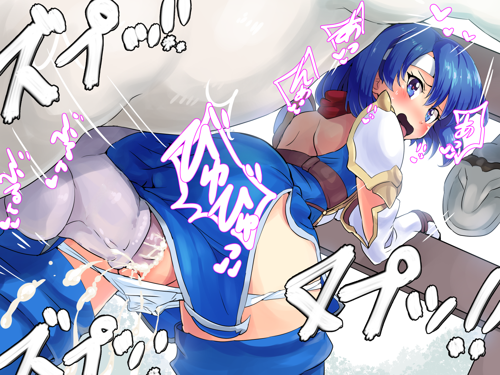 1girls, ass, back, bare back, bent over, bestiality, big ass, blue hair, blush, boris (noborhys), catria (fire emblem), cum, cum in pussy, cum inside, female, female human/male feral, feral, fire emblem, fire emblem: mystery of the emblem, fire emblem: shadow dragon and the blade of light, heart-shaped pupils, horse, human, interspecies, japanese text, nintendo, panties, pants down, pussy, rape, sex, short hair, straight, text, uncensored, vaginal penetration, white panties, zoophilia