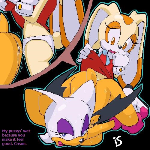 2girls, bat, blue eyes, brown eyes, bunny ears, clothing, cream the rabbit, cub, dress, eyeshadow, female, furry, grinding, hotred, is (artist), panties, pussy, pussy juice, rouge the bat, servedasis, shoes, sonic (series), tribadism, tribadism from behind, wings, young, yuri
