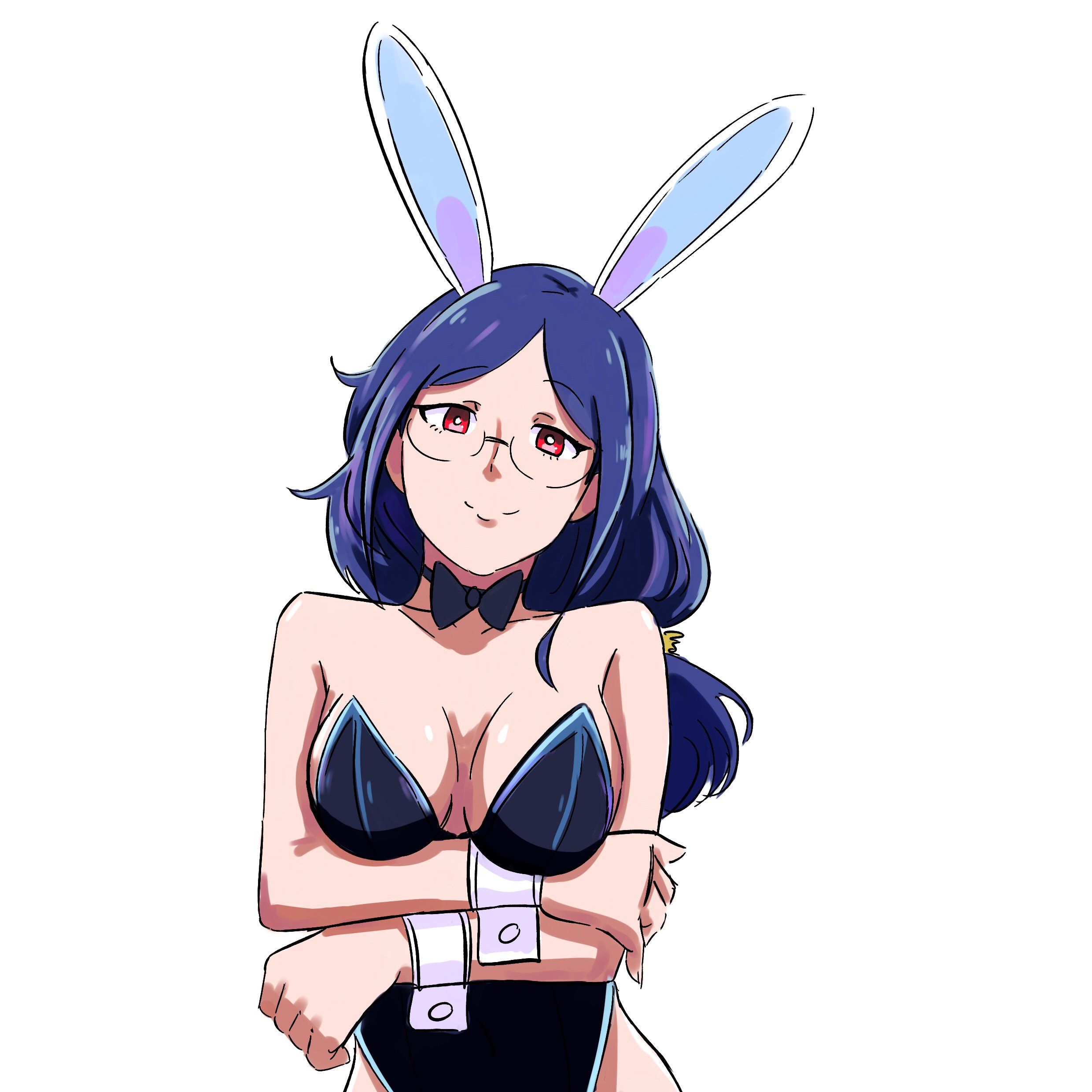 1girls, 2019, blue hair, bow tie, bowtie, bunny ears, bunnysuit, deanialsart, eyebrows visible through hair, eyewear, fanart, female, female focus, female only, glasses, hair, light skin, light-skinned female, little witch academia, long hair, open eyes, pale skin, pale-skinned female, simple background, smile, smiling, solo, solo female, studio trigger, twitter, ursula callistis, white background