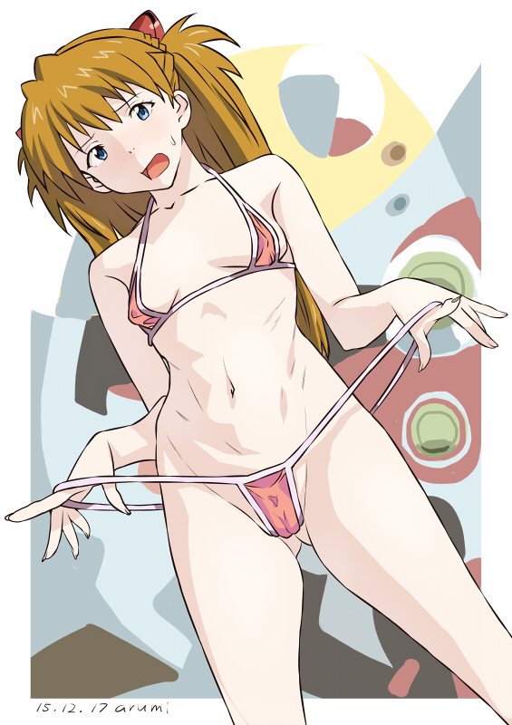 asuka langley sohryu, bikini, blue eyes, breasts, cameltoe, female, neon genesis evangelion, nipples visible through clothing, open mouth, orange hair, pussy, small breasts, swimsuit