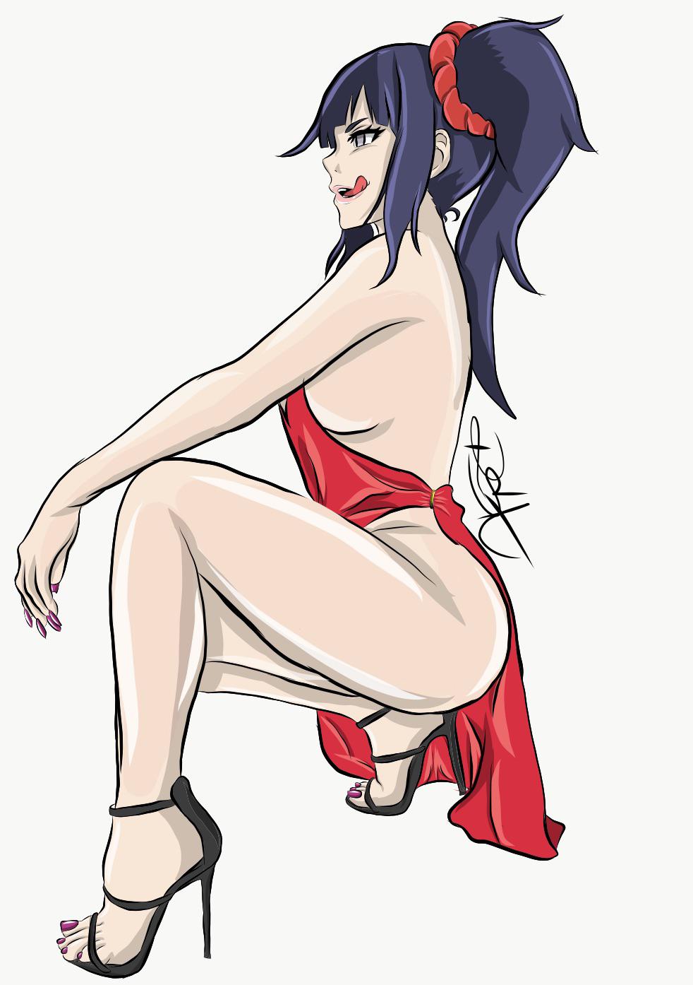 1girls, alternate hairstyle, artist signature, breasts, clothing, feet, female, female only, footwear, heels, high heels, hyuuga hinata, hyuuga hinata (naruto: road to ninja), licking, licking lips, long fingernails, long hair, makeup, nail polish, naruto, naruto (series), naruto shippuden, naruto: road to ninja, naughty face, no bra, no panties, no underwear, on side, pink nails, ponytail, purple hair, rambox3, revealing clothes, side ponytail, side view, sideboob, simple background, smile, squatting, tied hair, toes, tongue, tongue out, violet eyes, white background