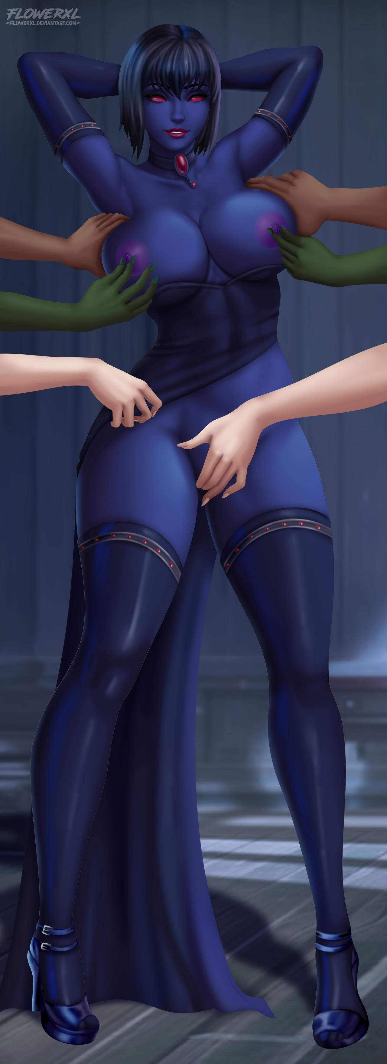 alien, alien girl, areolae, black hair, blue skin, bob cut, breasts, chiss, choker, dress, dress down, elbow gloves, female, female only, fingering, flowerxl, hands behind head, heels, large breasts, lipstick, morella, nipple tweak, nipples, red eyes, red sclera, smile, solo focus, star wars, thighhighs