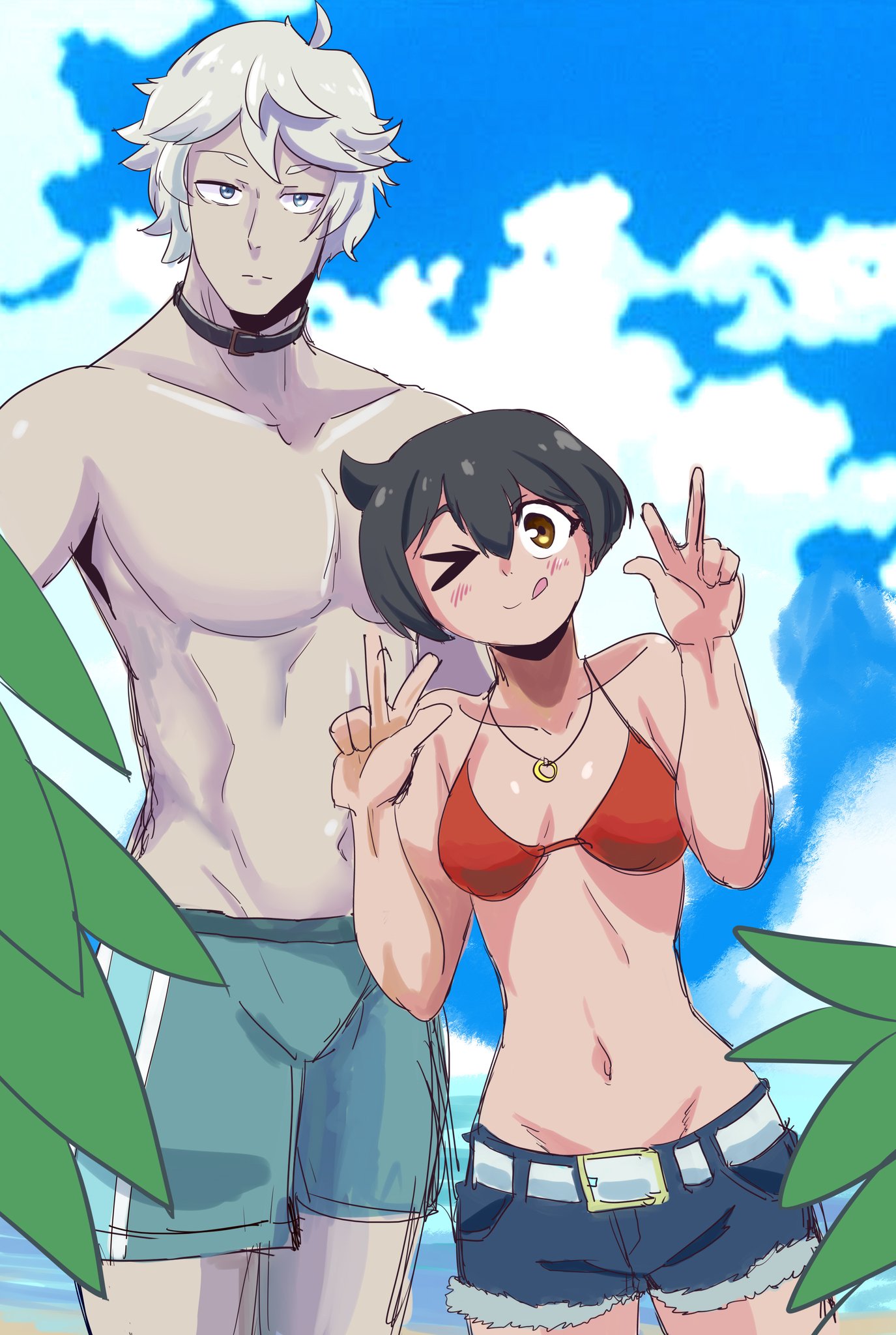 1boy, 1girls, bare midriff, bare shoulders, belly button, blue eyes, bra, brand new animal, choker, cleavage, clouds, colored background, cutoffs, deanialsart, double peace sign, double v, fanart, female, human, human michiru, light skin, light-skinned female, long hair, male, michiru kagemori, navel, necklace, open mouth, open smile, pale skin, pale-skinned female, ponytail, shirou ogami, short hair, shorts, sky, studio trigger, tail, tongue, tongue out, twitter, v, water, watermark, white hair, wink, winking
