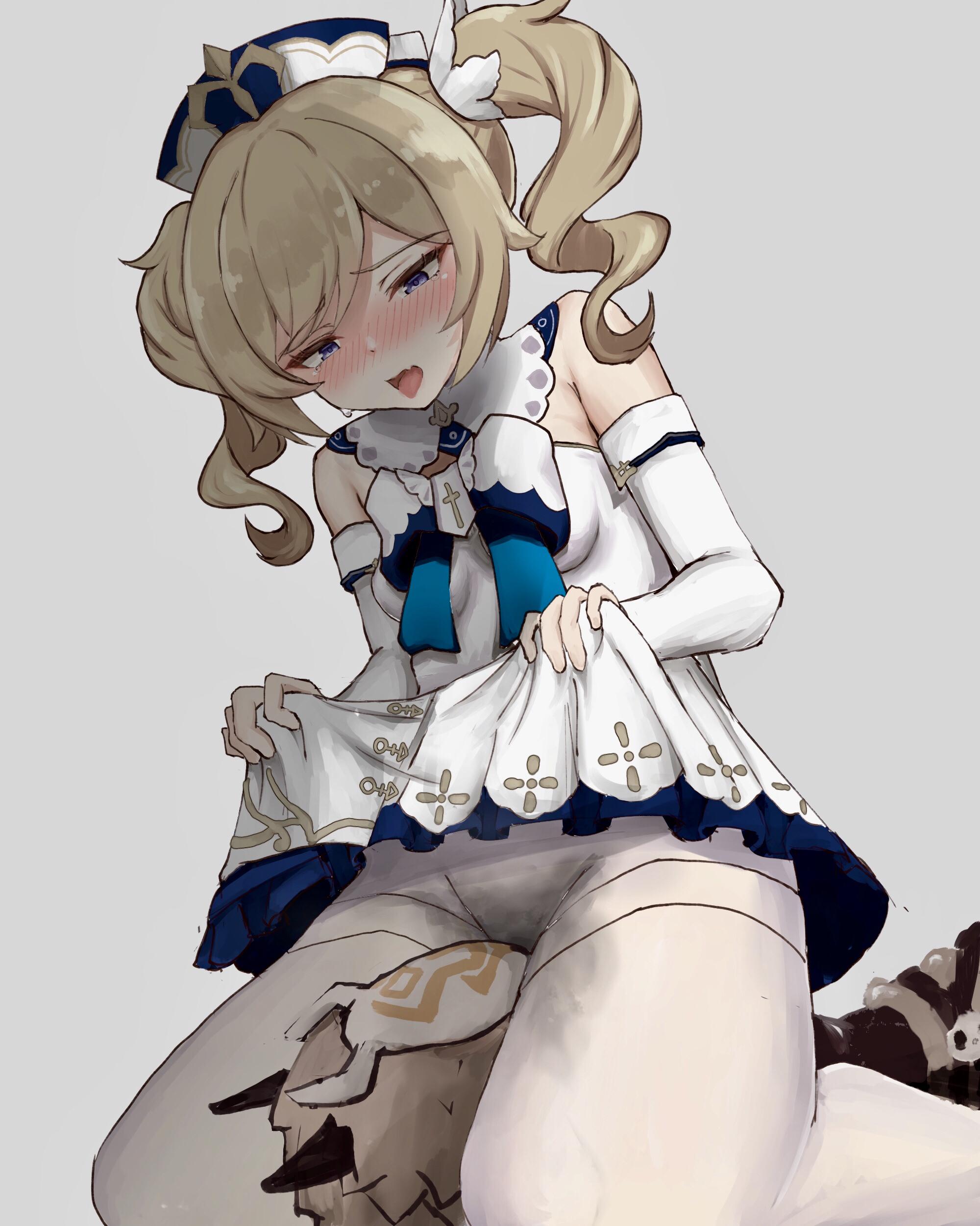 ahe gao, artist request, barbara (genshin impact), blush, cunnilingus, cunnilingus through clothes, dark-skinned male, female, female orgasm, fully clothed, genshin impact, hilichurls (species), interspecies, monster, nun, orgasm, pantyhose, simple background, skirt lift, twintails, wet, wholesome