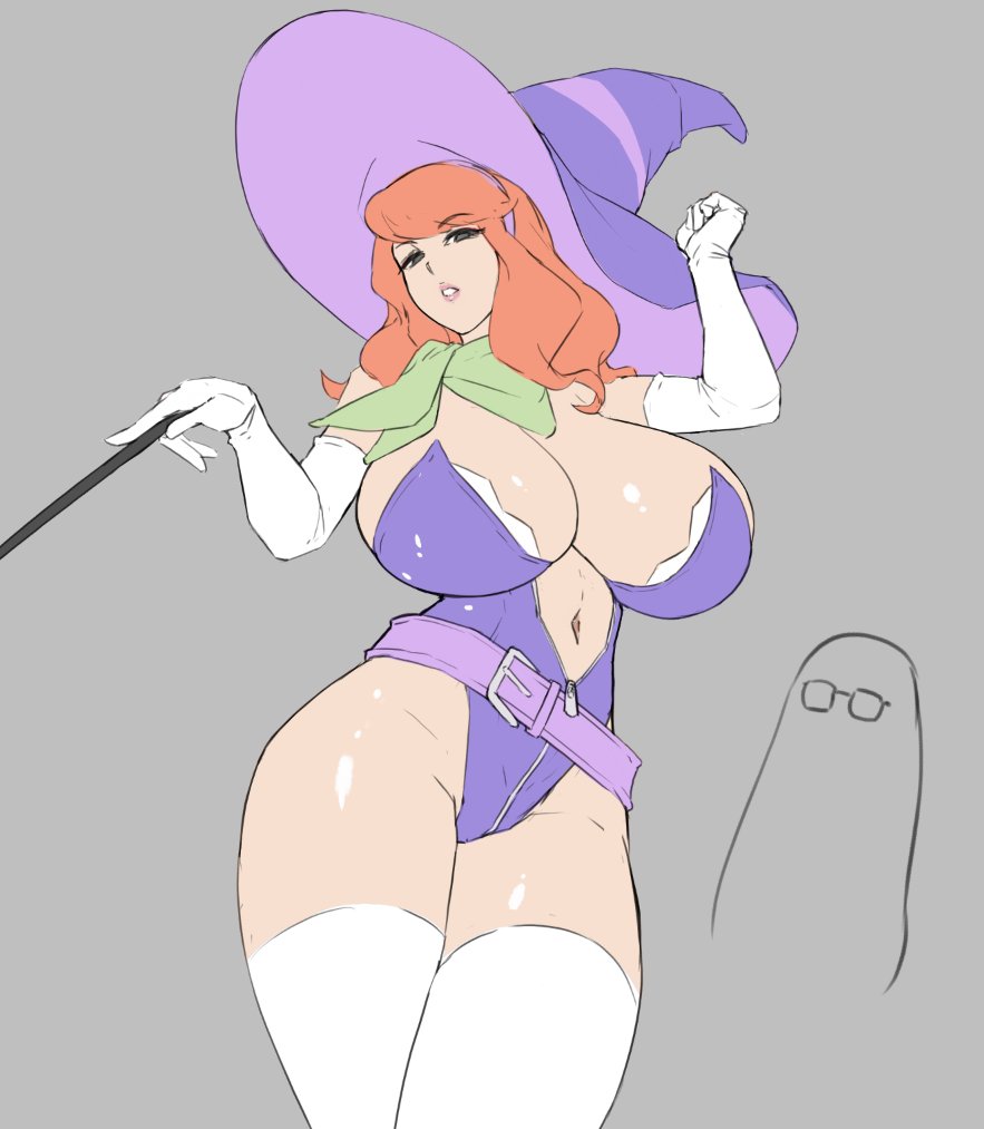 1girls, ass, belt, big breasts, breasts, breasts bigger than head, cleavage, daphne blake, eu03, female, hanna-barbera, huge breasts, large breasts, scooby-doo, solo, thighhighs, wand, witch, witch hat