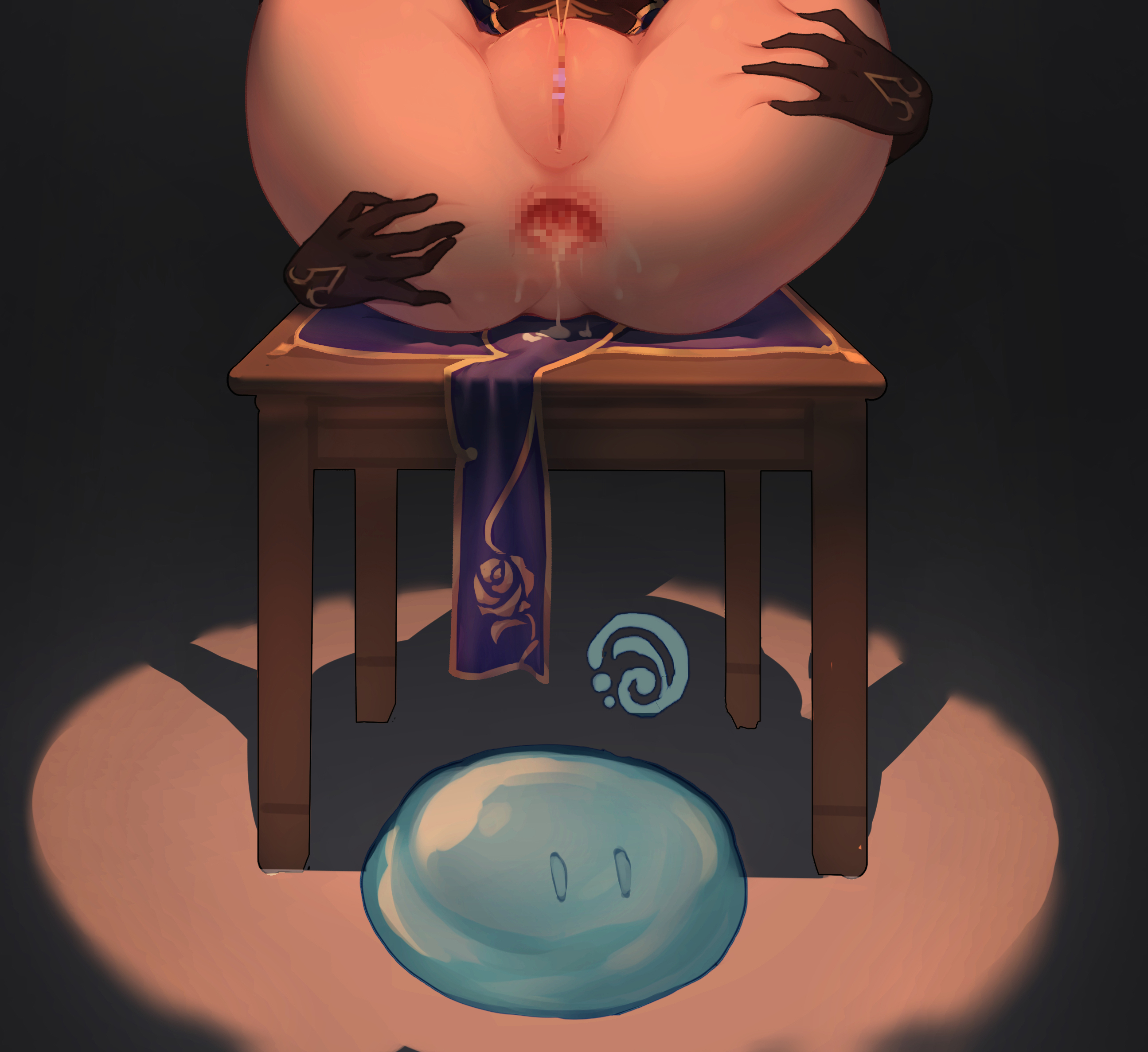 anal, censored, female, female orgasm, gaping anus, genshin impact, grabbing own ass, heart censor, lisa (genshin impact), mosaic censoring, orgasm, peeing, peeing self, slime, slime (genshin impact), slime monster, spread legs, spreading, squirting, tagme, thighhighs, tied up, urinating, urination, urine