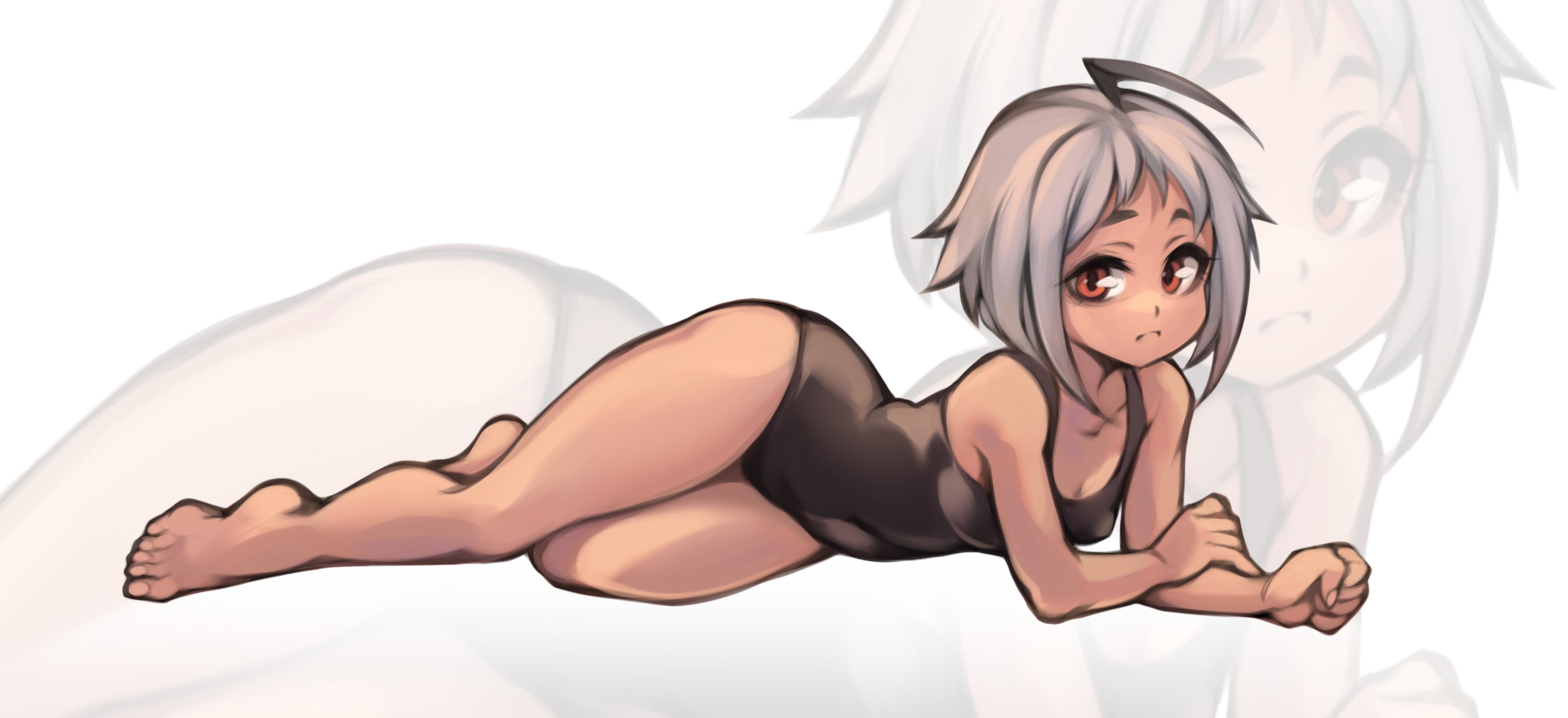 1girls, female, lentiyay, lying, one-piece swimsuit, silver hair, solo, tan skin