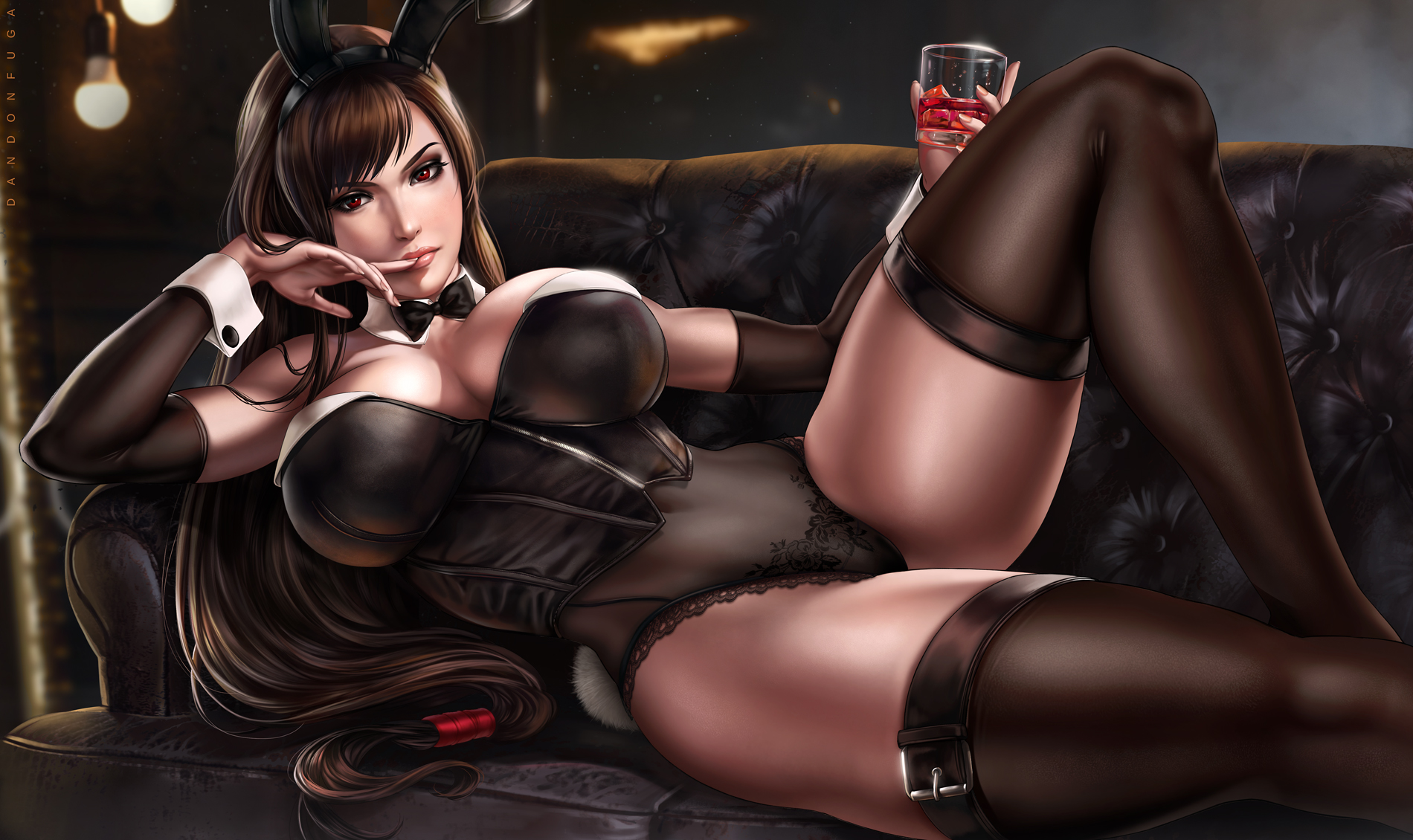 1girls, big breasts, black hair, breasts, bunny ears, bunny girl, bunnysuit, cleavage, dandon fuga, drink, female, female only, final fantasy, final fantasy vii, final fantasy vii remake, large breasts, looking at viewer, pinup, red eyes, solo, square enix, thick thighs, thighhighs, tifa lockhart, wide hips