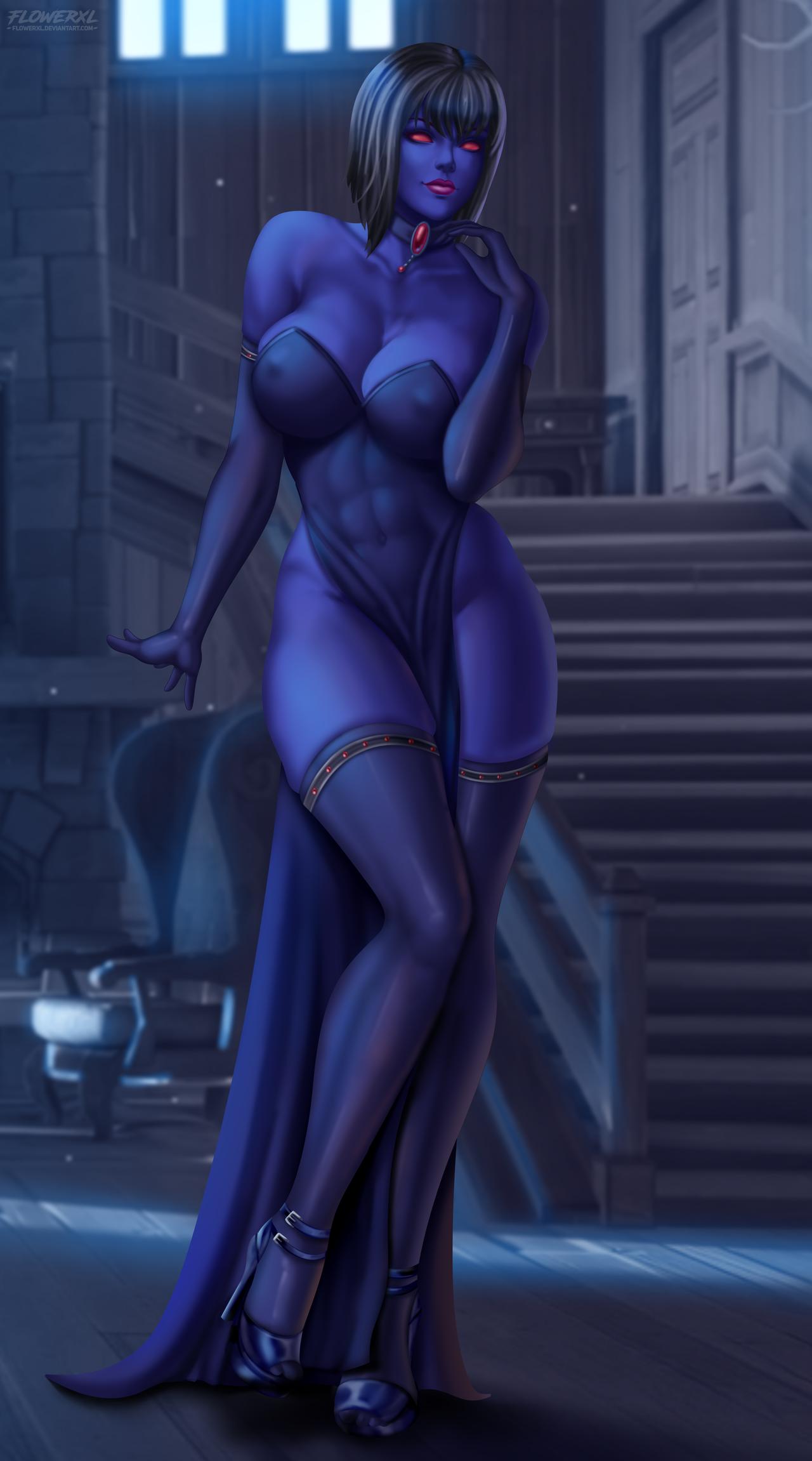 1girls, abs, alien, alien girl, bangs, black hair, blue skin, bob cut, breasts, chiss, choker, cleavage, dress, elbow gloves, erect nipples, female, female only, flowerxl, heels, large breasts, legs together, lipstick, long dress, looking at viewer, morella, nipples, nipples visible through clothing, open toe shoes, red eyes, red sclera, skimpy, skimpy dress, skintight, smile, solo, star wars, thighhighs, thighs, transparent clothing