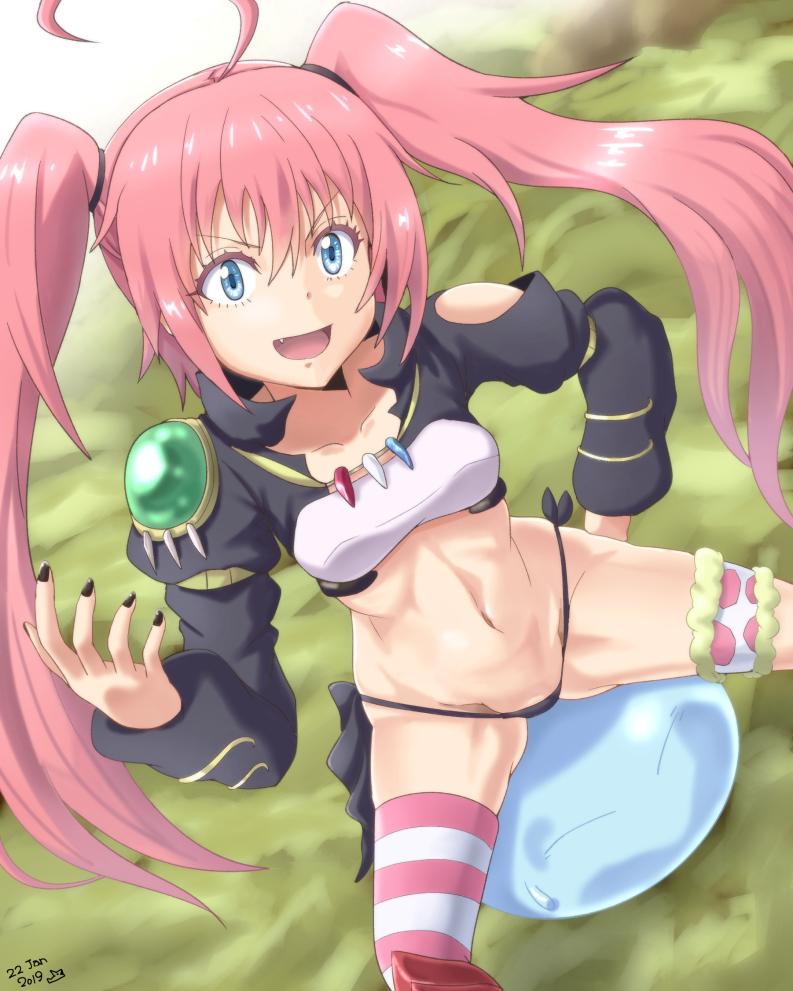 1girls, 1other, ambiguous gender, black fingernails, black panties, blue eyes, facesitting, female, happy, milim nava, pink hair, rimuru tempest, side ponytail, slime monster, tensei shitara slime datta ken