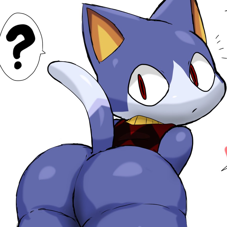 ?, ambiguous gender, animal crossing, ass, blue fur, bubble ass, bubble butt, clothed, domestic cat, enigi09, feline, furry, hoodie, looking at viewer, looking back, male, male only, nintendo, presenting, presenting ass, presenting butt, red eyes, rover (animal crossing), thick ass, thick thighs, white fur