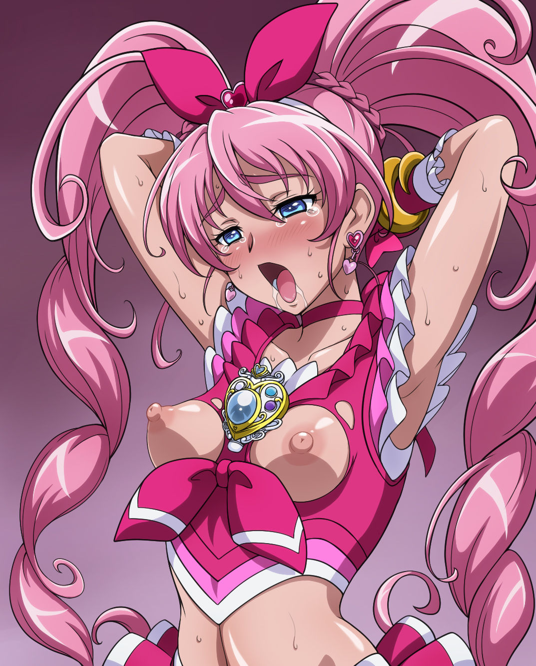 armpits blush bow breasts clothing cure_melody earrings hands_behind_head houjou_hibiki kabuki-man magical_girl nipples open_mouth precure pretty_cure saliva small_breasts tears torn_clothes