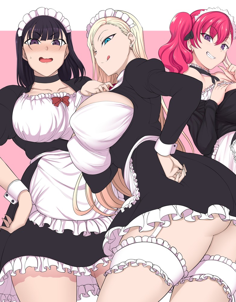 3girls aiue_oka apron ass black_hair blonde_hair blue_eyes breasts cowboy_shot earrings eyebrows_visible_through_hair female high_resolution jewelry kurashiki_reina large_breasts licking_lips maid maid_apron maid_headdress multiple_girls purple_eyes red_hair saimin_seishidou standing takamine_misao thighs