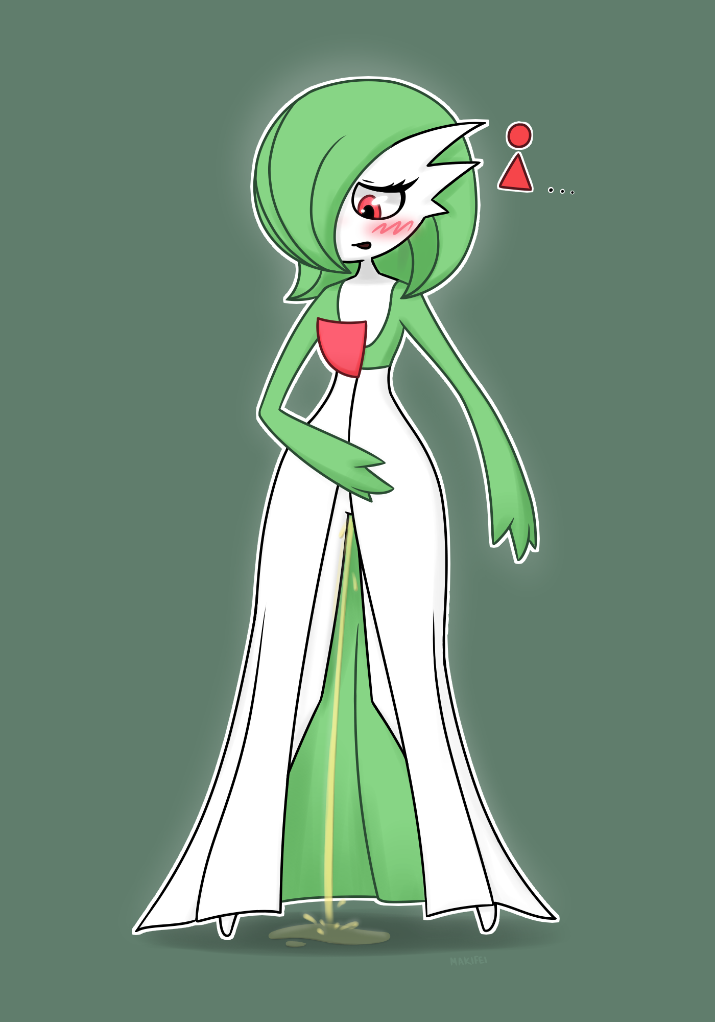 1girls, 2020, blush, embarrassed, female, female gardevoir, female only, gardevoir, green hair, hi res, looking down, makifei, nintendo, omorashi, open mouth, peeing, pokémon (species), pokemon, pokemon (species), pokemon rse, red eyes, simple background, solo, standing, standing pee, urine, video games