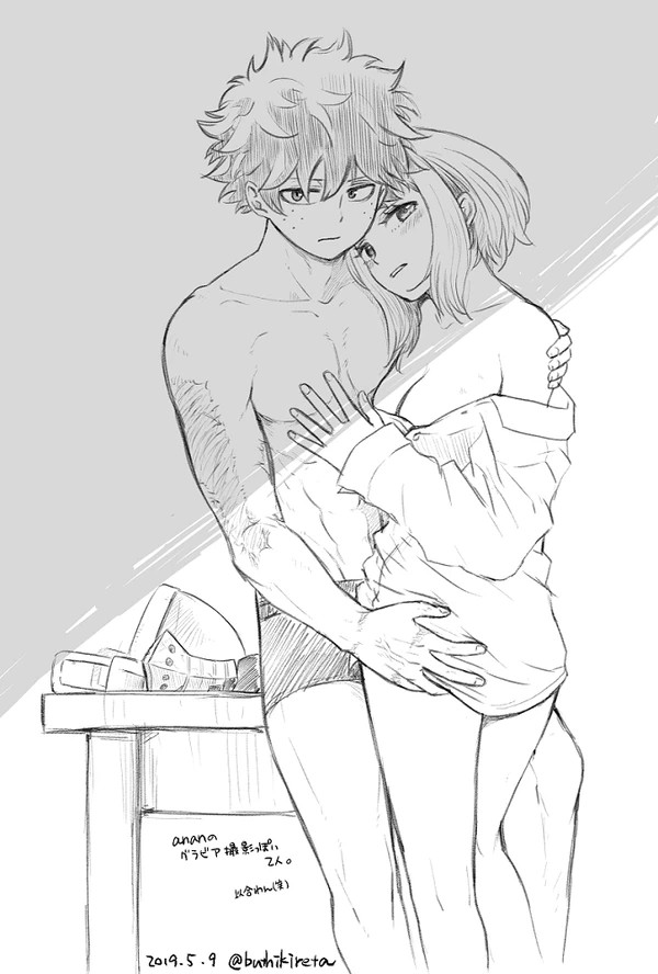 1boy 1girls afterglow ass_grab buthikireta cleavage dress_shirt embrace grabbing_ass half-closed_eyes hand_on_chest holding holding_partner hug izuku_midoriya large_breasts looking_at_viewer lovers my_hero_academia naked_shirt no_bra ochako_uraraka parted_lips pencil_(artwork) romantic scar scars short_hair sketch standing taking_clothes_off touching_chest traditional_media_(artwork) wholesome