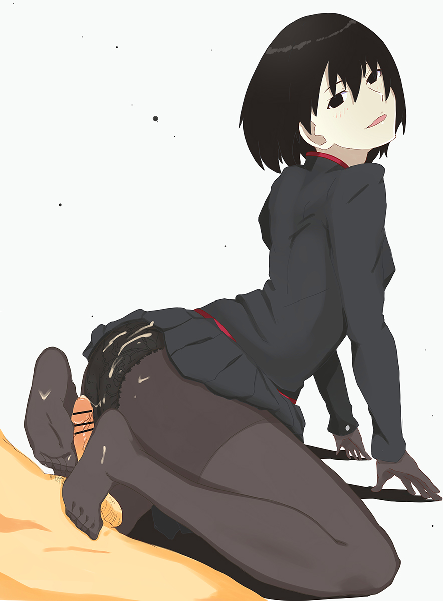 1boy 1girls alternate_uniform ass bangs black_eyes black_gloves black_hair black_legwear black_panties black_skirt bob_cut breasts censored clothed_sex commentary cum cum_on_ass cum_on_body cum_on_lower_body cum_on_penis empty_eyes feet female fingers_on_ground foot_focus footjob gakuran gloves highres lace lace_panties light-skinned_female light-skinned_male light_blush light_skin long_sleeves looking_at_viewer looking_back looking_to_the_side monogatari_(series) naoetsu_high_school_uniform no_shoes noriko_(kakukakurenb8/ni_noriko) oshino_ougi pale_skin panties pantyhose pantyshot parted_lips penis pleated_skirt school_uniform sex_in_skirt shadow short_hair skirt skirt_lift small_breasts soles solo_focus straight thighband_pantyhose toes two-footed_footjob underwear white_background