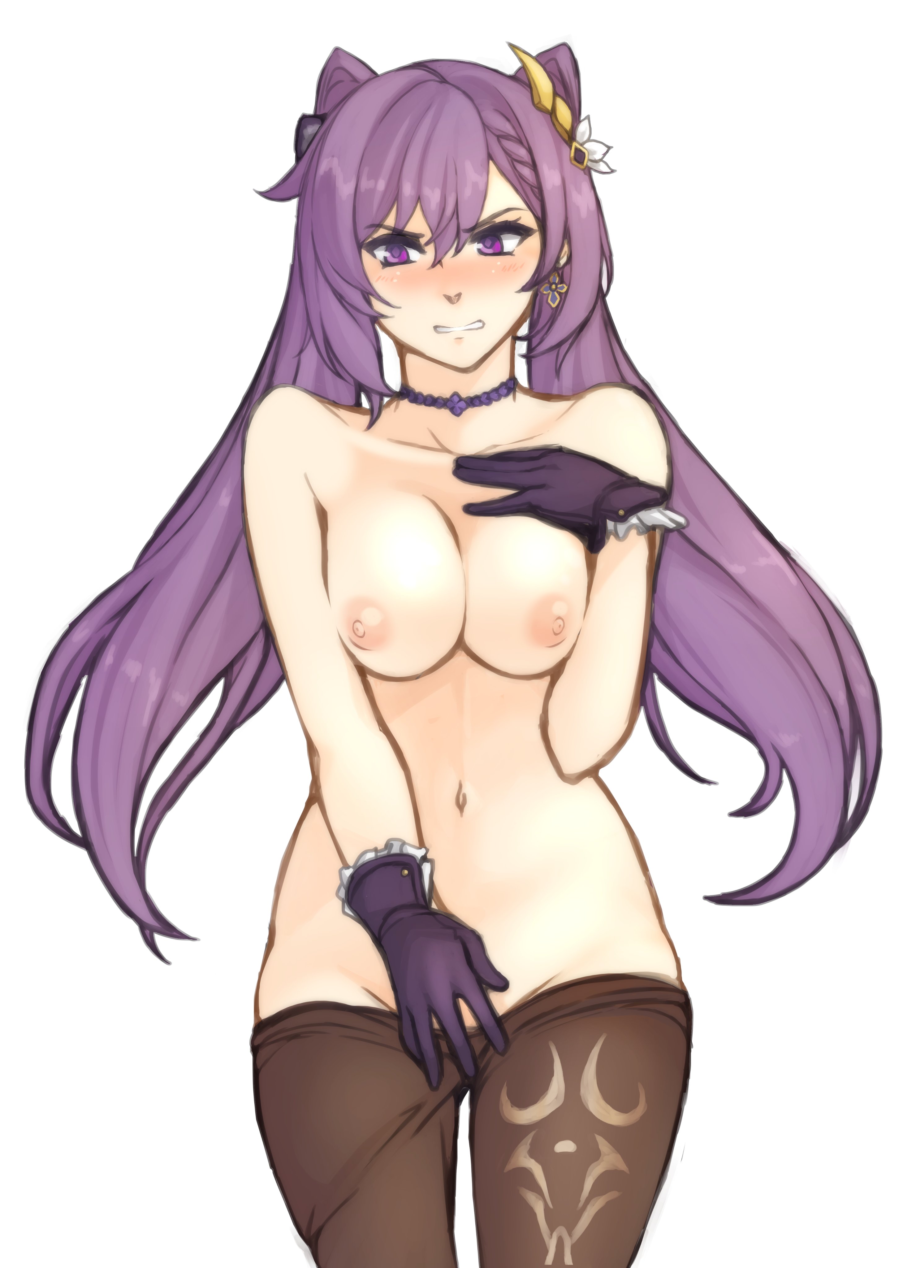 absurdres, angry, blush, breasts, clenched teeth, earrings, female, genshin impact, gloves, highres, jewelry, keqing (genshin impact), large breasts, long hair, looking away, pantyhose, purple eyes, purple hair, simple background, solo, teeth, topless, tridisart, twintails, white background