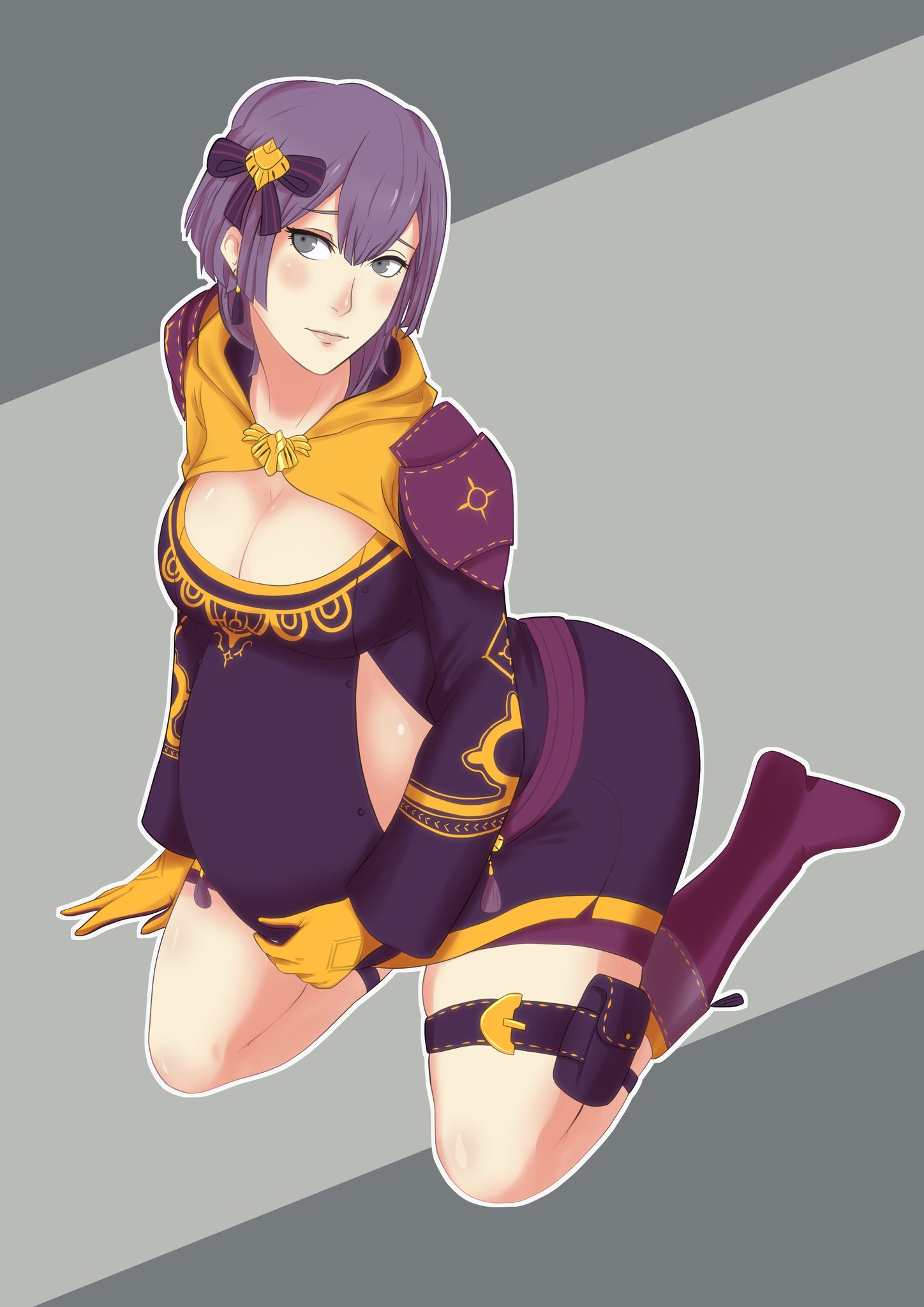 1girls, ass, bernadetta von varley, big ass, blush, boots, breasts, cleavage, clone66, female, female only, fire emblem, fire emblem: three houses, gloves, grey background, grey eyes, hand on belly, large breasts, nintendo, on knees, post-timeskip, pregnant, purple hair, short hair, simple background, solo