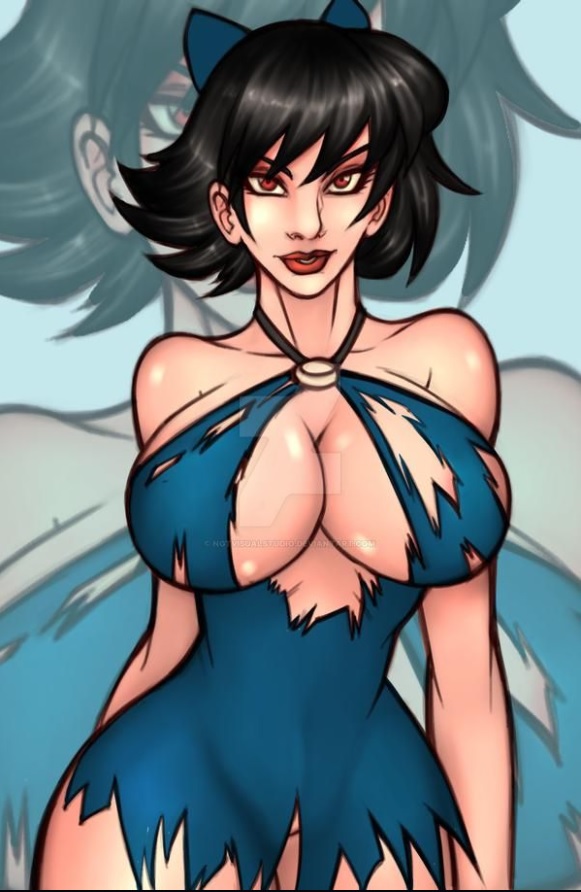 1girls, bangs, betty rubble, black hair, bow, breasts, cleavage, cleavage cutout, curvy, dress, female, female only, hair ribbon, hanna-barbera, jewelry, large breasts, lipstick, looking at viewer, milf, necklace, ngtvisualstudio, red eyes, seductive look, short dress, short hair, smile, solo, the flintstones, torn clothes, watermark, wide hips