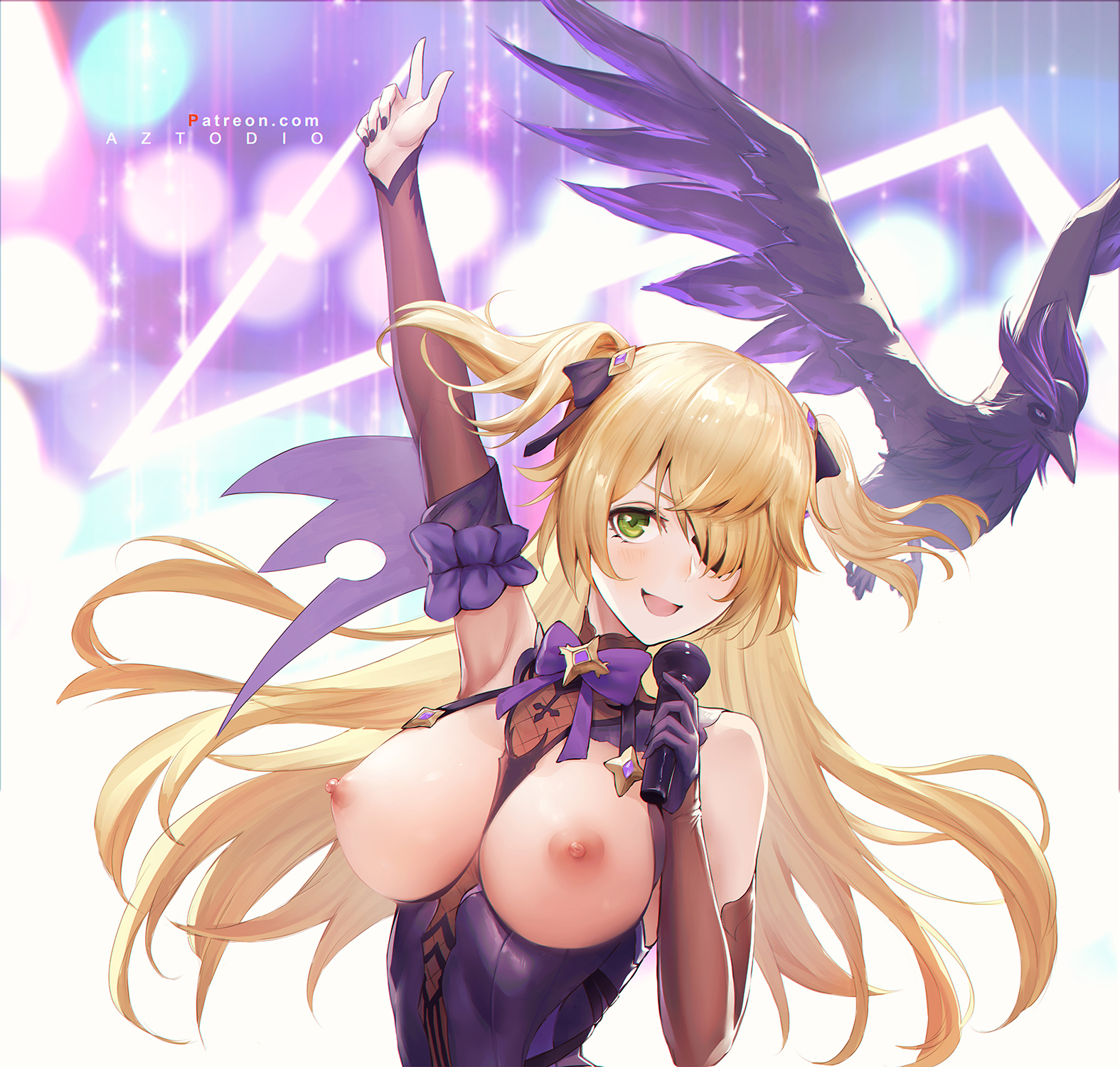 1girls, areolae, azto dio, big breasts, blonde hair, breasts, exposed breasts, eyewear, female, fischl (genshin impact), genshin impact, green eyes, hand up, handwear, happy, highres, long hair, microphone, nail polish, nipples, open mouth, smile