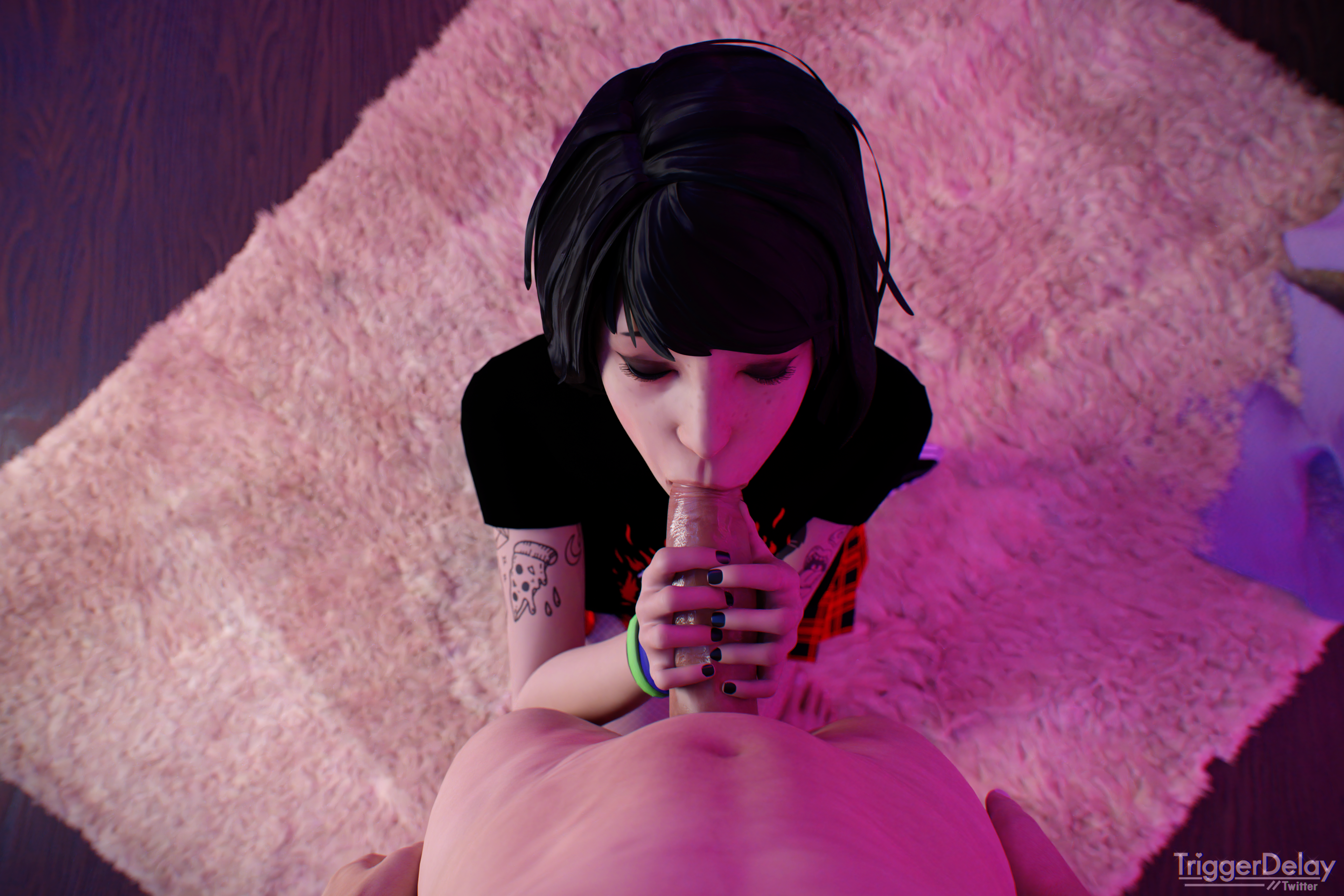 3d, ass, black hair, blowjob, carpet, converse, emo, eyes closed, female, female focus, fishnet stockings, indoors, life is strange, male, max caulfield, penis, pov, pov blowjob, room, skirt, sneakers, solo female, tattoo, teenager, triggerdelay