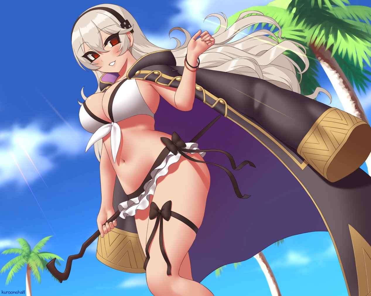 1girls artist_name big_breasts bikini bikini_skirt black_hairband blue_sky blush bracelet breasts cleavage coat commentary commission corrin_(fire_emblem) corrin_(fire_emblem)_(female) corrin_(summer)_(fire_emblem)_(female) day english_commentary female female_only fire_emblem fire_emblem_fates fire_emblem_heroes hairband holding jewelry kuroonehalf long_hair nintendo outside palm_tree parted_lips red_eyes shiny_skin silver_hair sky smile solo swimsuit thigh_strap tree white_bikini white_swimsuit