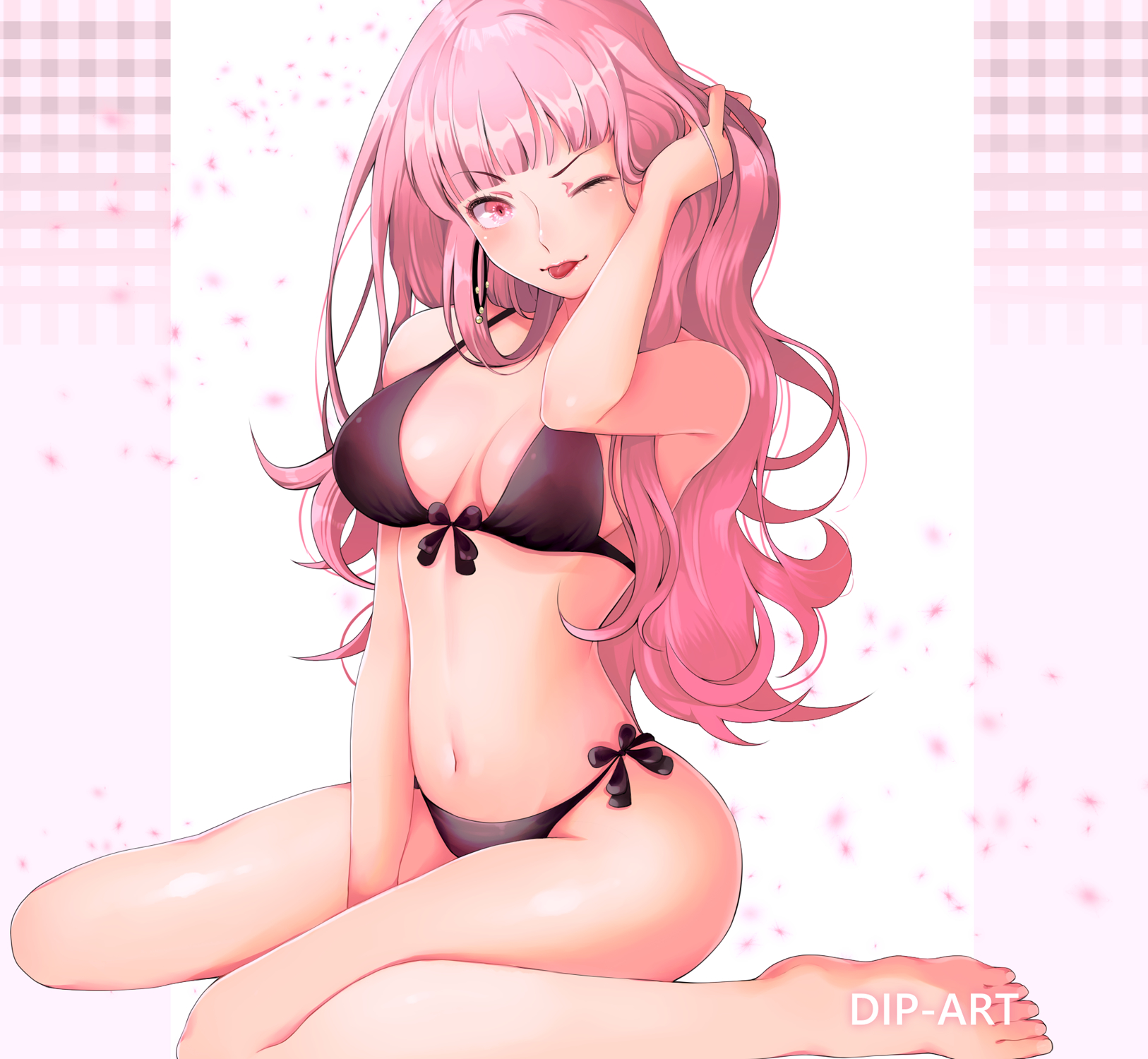 1girls, artist name, barefoot, bikini, black bikini, dip art, earrings, female, fire emblem, fire emblem: three houses, hair down, highres, hilda valentine goneril, jewelry, long hair, nintendo, one eye closed, pink eyes, pink hair, sitting, solo, sticking out tongue, swimsuit, tongue, tongue out