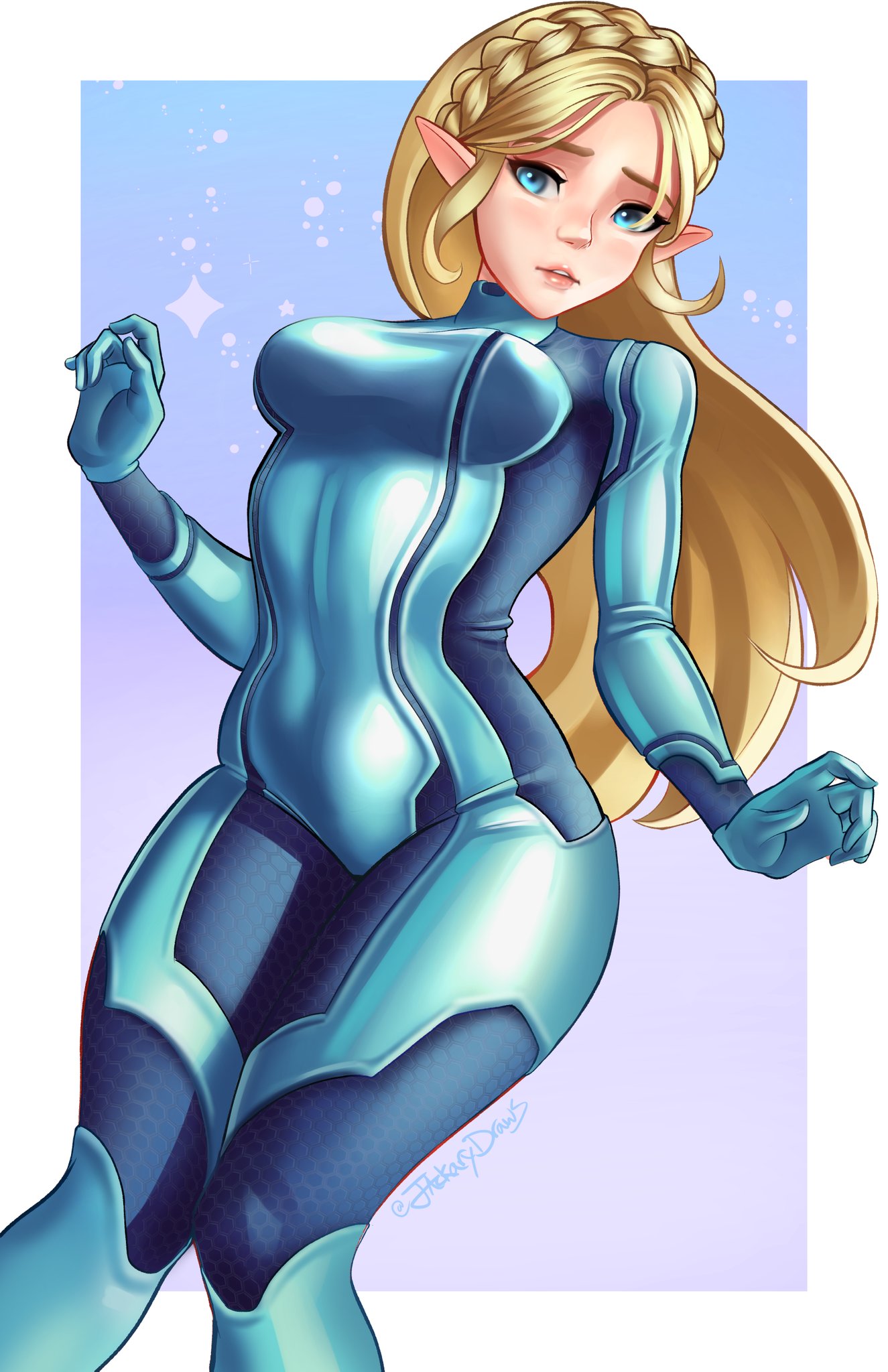 1girls, alternate version at source, alternate version available, belly, blonde hair, blue bodysuit, blue eyes, bodysuit, breasts, breath of the wild, curvy, cute, demigoddess, female, jackary draws, jpeg, long hair, metroid, nintendo, nipple bulge, nipples, pointy ears, princess zelda, samus aran (cosplay), small breasts, solo, super smash bros., super smash bros. ultimate, the legend of zelda, thick, thick thighs, thin, thin waist, tight, tight clothes, tight clothing, tight fit, zelda (breath of the wild), zero suit