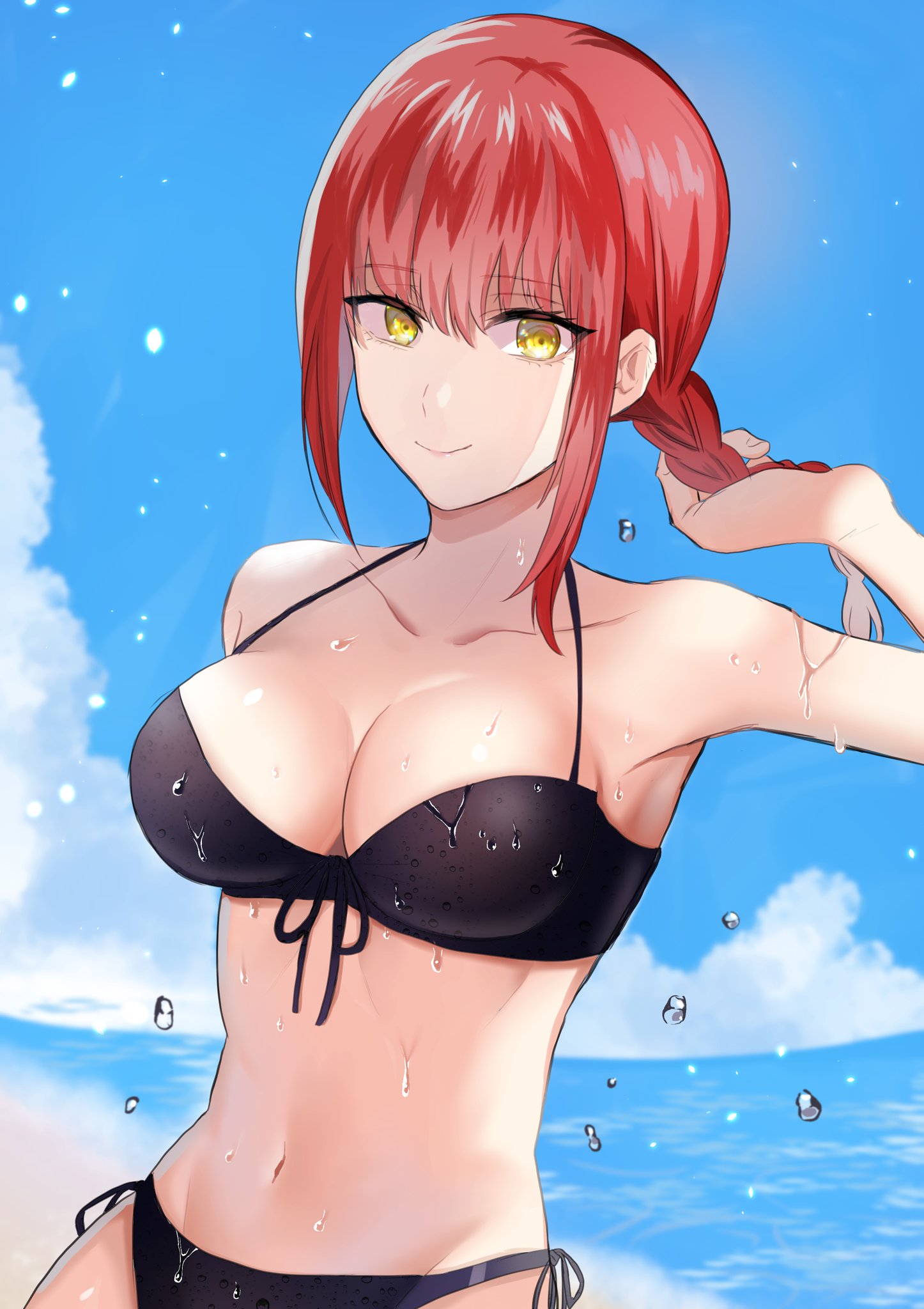 1girls, armpits, bare shoulders, beach, bikini, black bikini, breasts, chainsaw man, female, hand in hair, light smile, makima (chainsaw man), medium breasts, navel, ocean, red hair, red-haired female, ringed eyes, sky, smile, solo, swimsuit, underwear, water, wet, yellow eyes